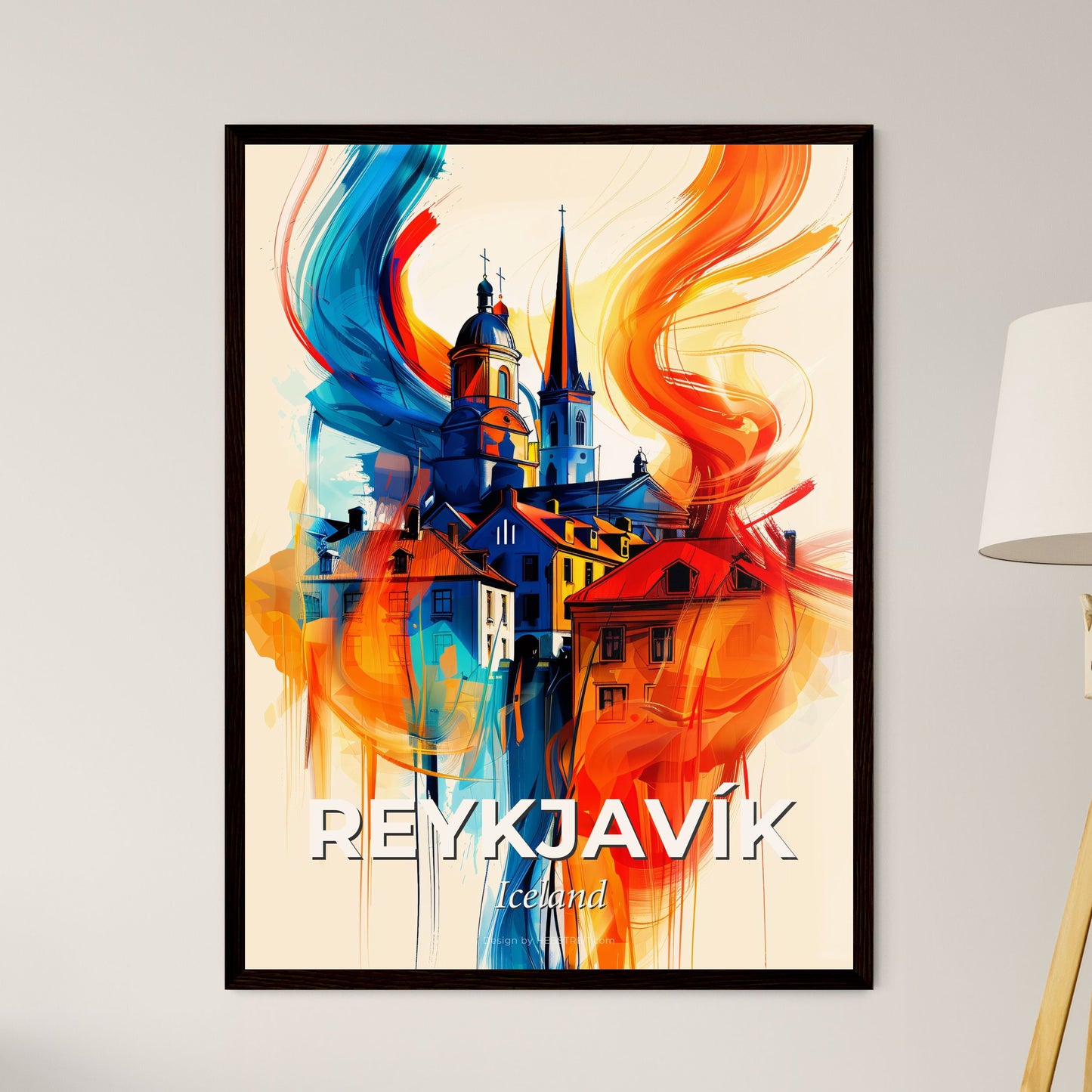 Vibrant Reykjavík, Iceland - A Painting Of Buildings And A Fire