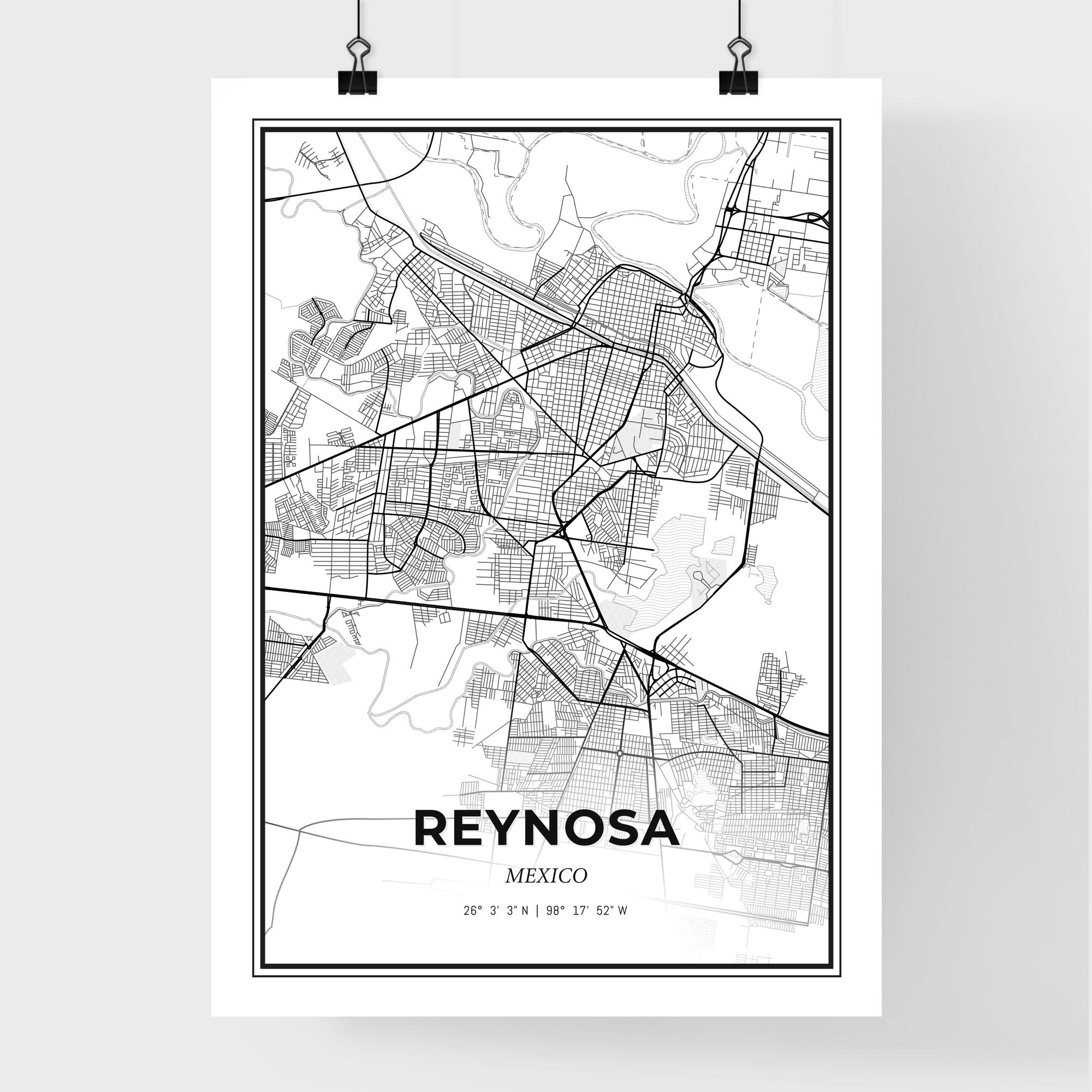 Reynosa Mexico Map - Black and White Art Print – HEBSTREIT