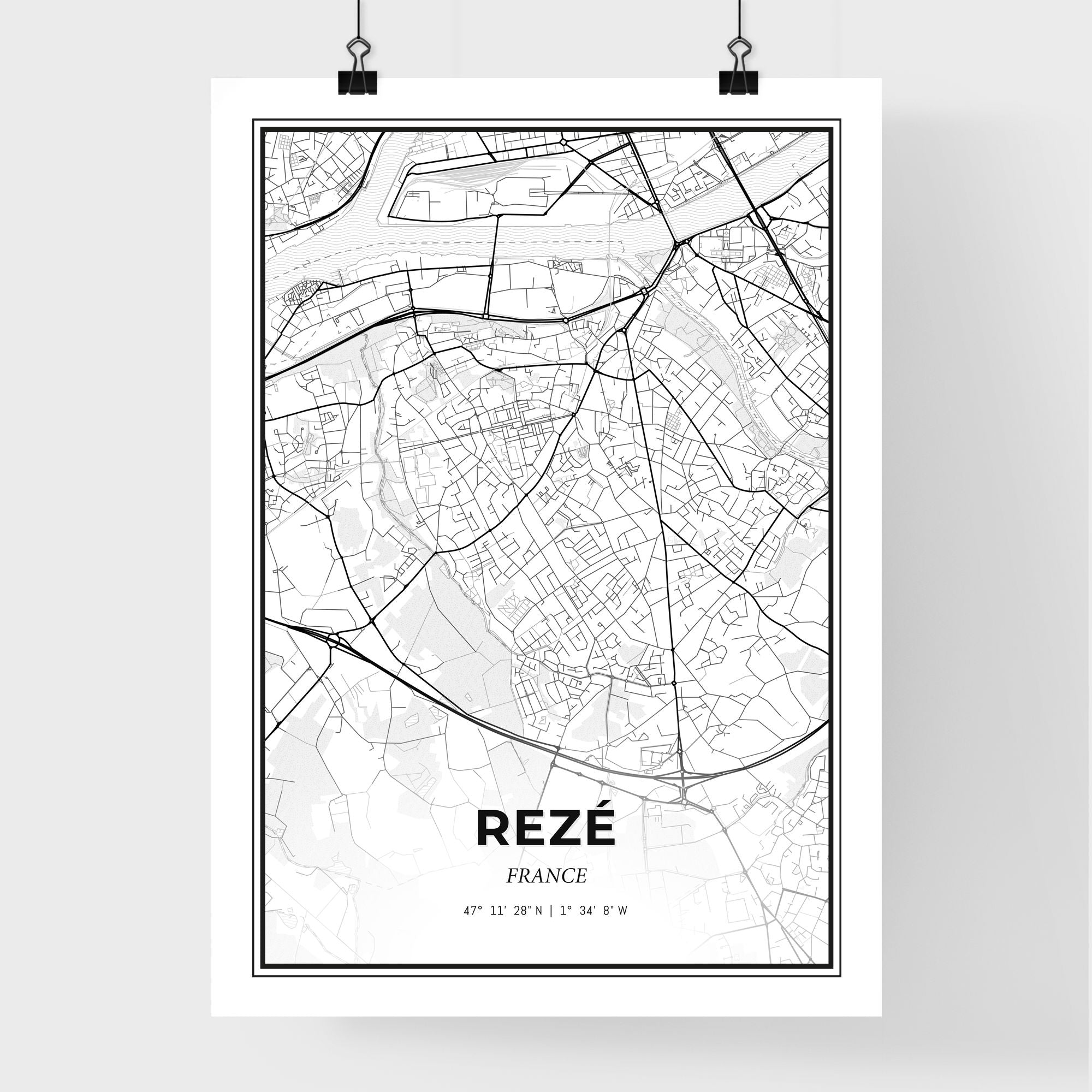 Rezé France Map - Black and White Art Print – HEBSTREIT