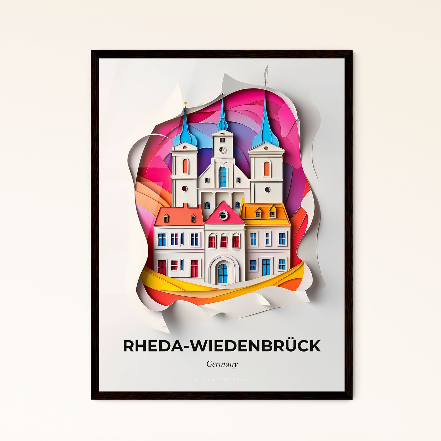 Vivid Rheda-Wiedenbruck, Germany - a paper cut of a city with a clock