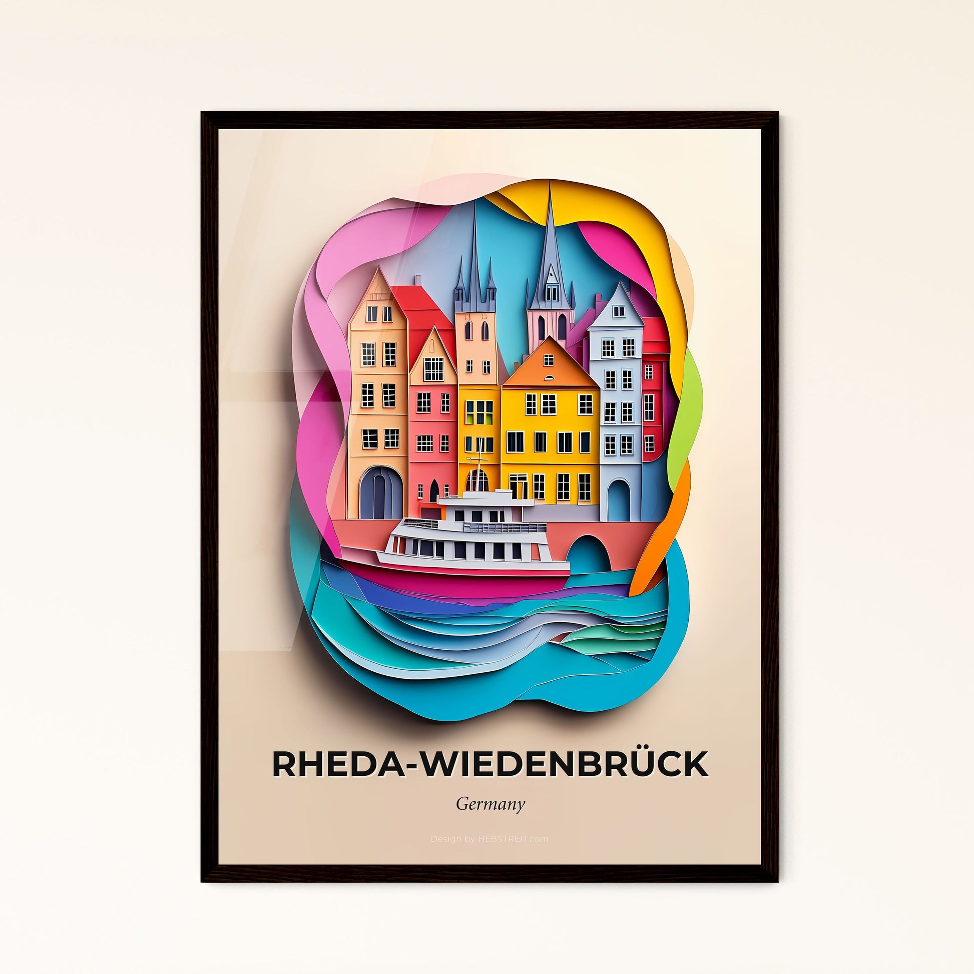 Vivid Rheda-Wiedenbruck, Germany - a paper cut of a city with a boat