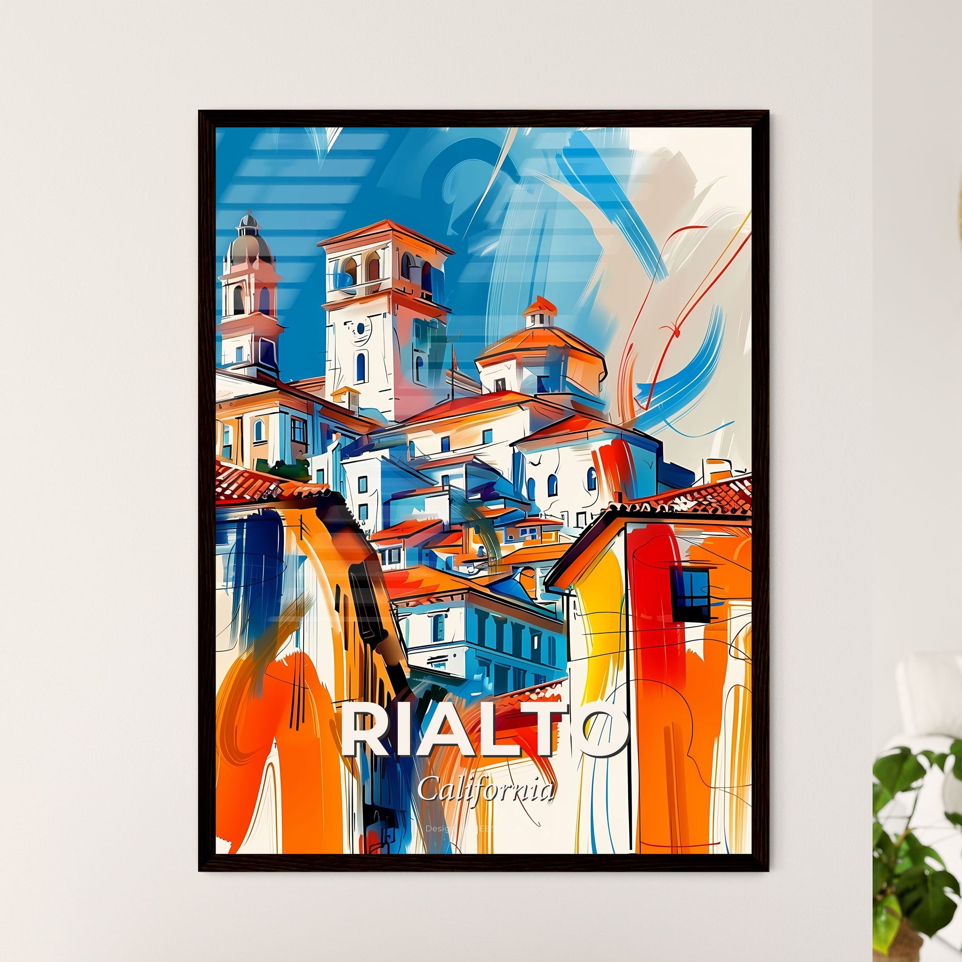 Vibrant Rialto, California - A Painting Of A Building With Orange And Blue Roofs