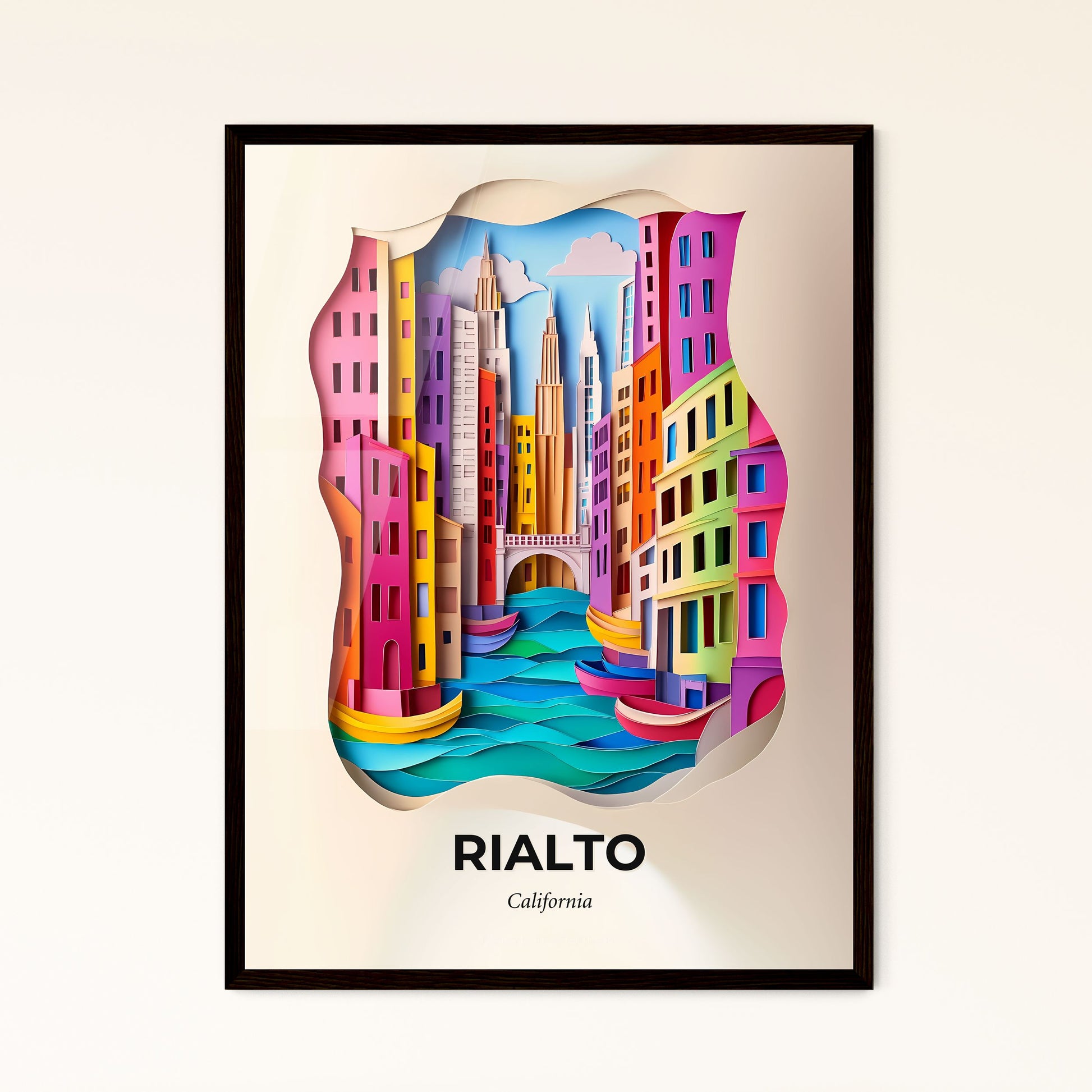 Vivid Rialto, California - a paper cut of a city with a bridge