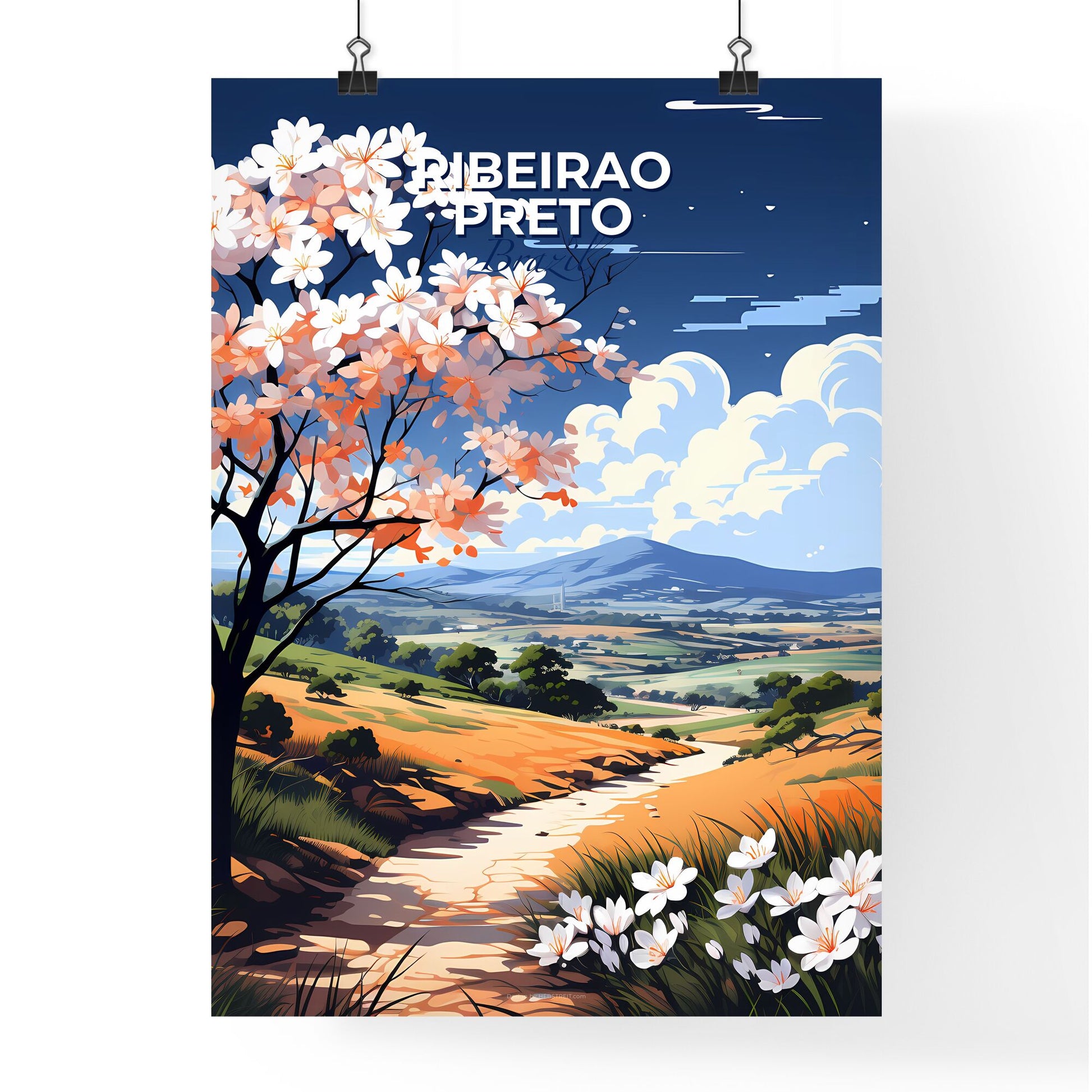 Cityscape Painting of Ribeirao Preto Brazil Skyline Featuring Tree and Flowers Default Title