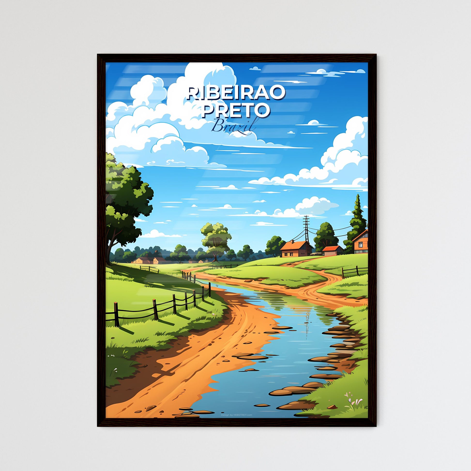 Vibrant Artistic Landscape of Ribeirao Preto, Brazil: Dirt Road Amidst Green Field, Houses, and Flowing River Default Title