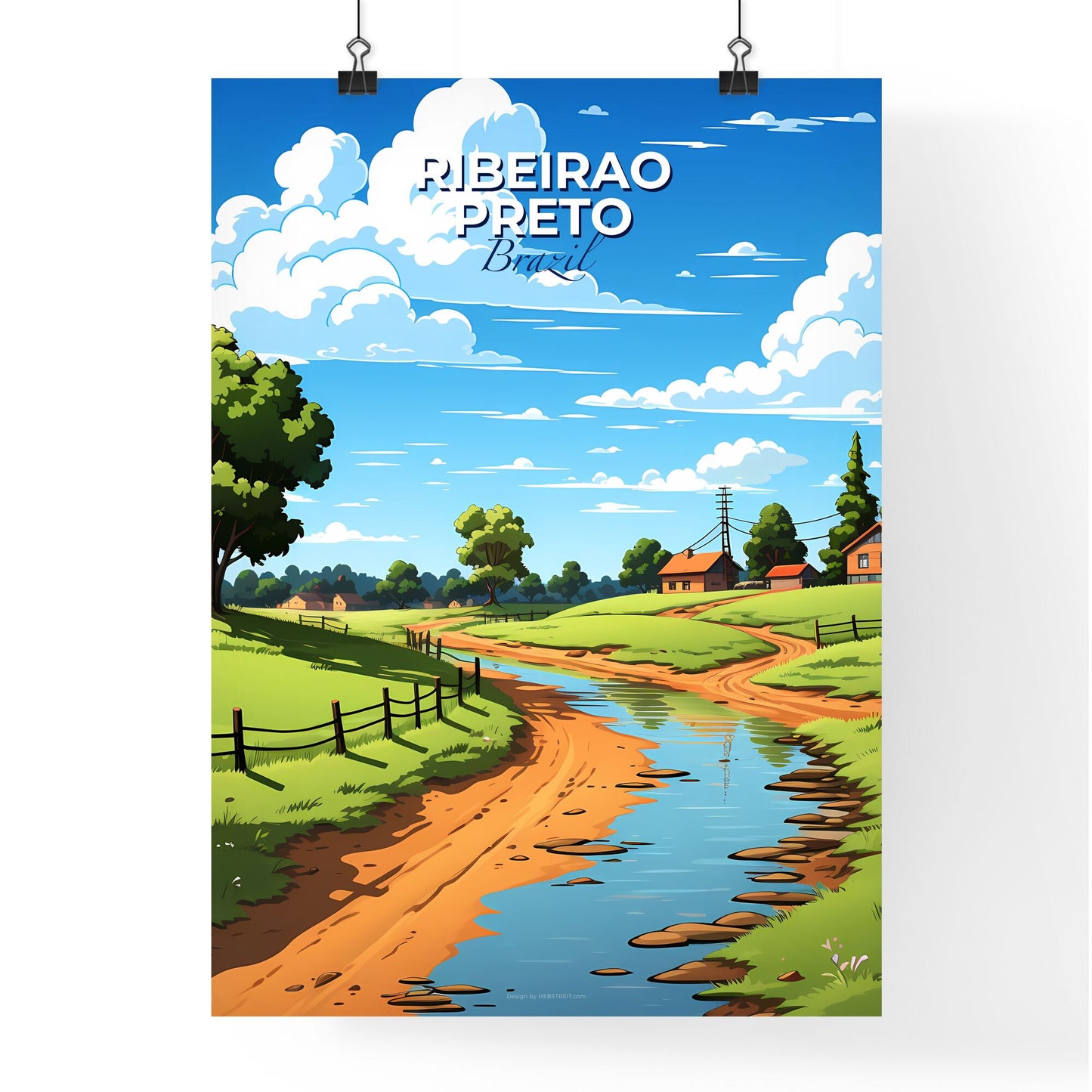 Vibrant Artistic Landscape of Ribeirao Preto, Brazil: Dirt Road Amidst Green Field, Houses, and Flowing River Default Title