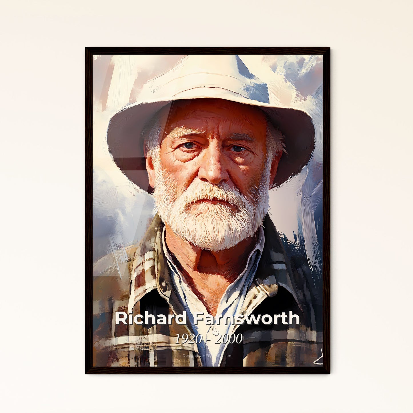 Portrait of Richard Farnsworth, 1920 - 2000. Impressionistic painting of a man with a white beard wearing a hat.