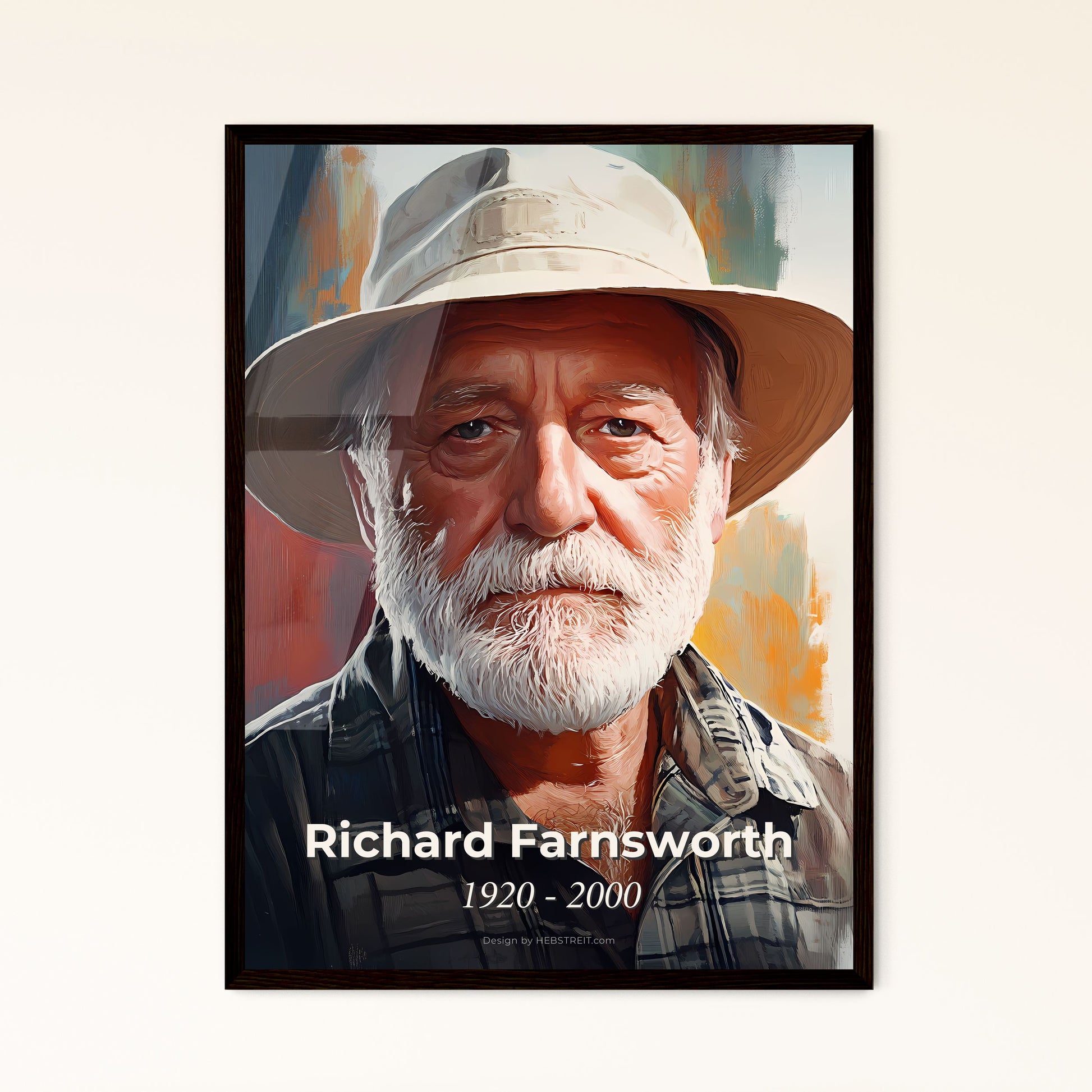 Portrait of Richard Farnsworth, 1920 - 2000. Impressionistic painting of a man with a white beard wearing a hat.