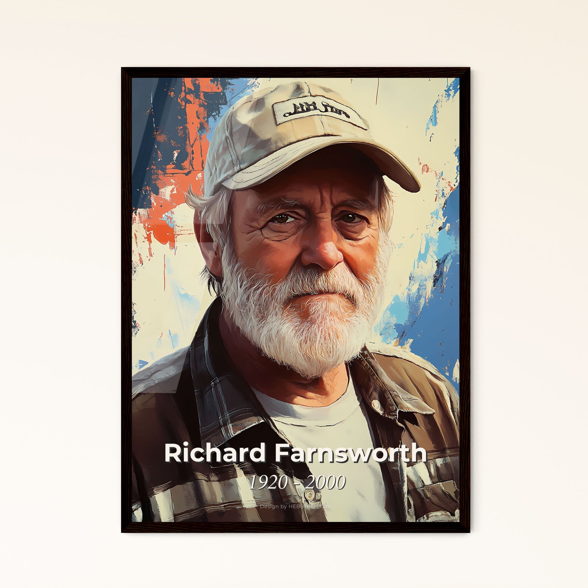 Portrait of Richard Farnsworth, 1920 - 2000. Impressionistic painting of a man with a beard and hat.