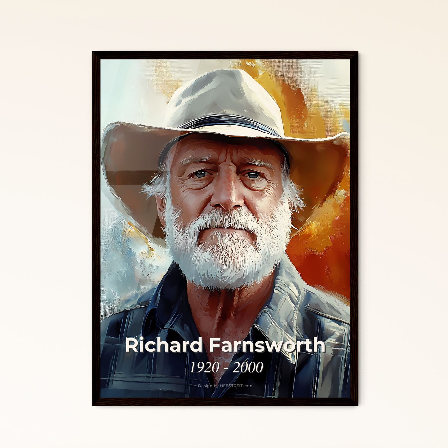 Portrait of Richard Farnsworth, 1920 - 2000. Impressionistic painting of a man with a white beard and a hat.