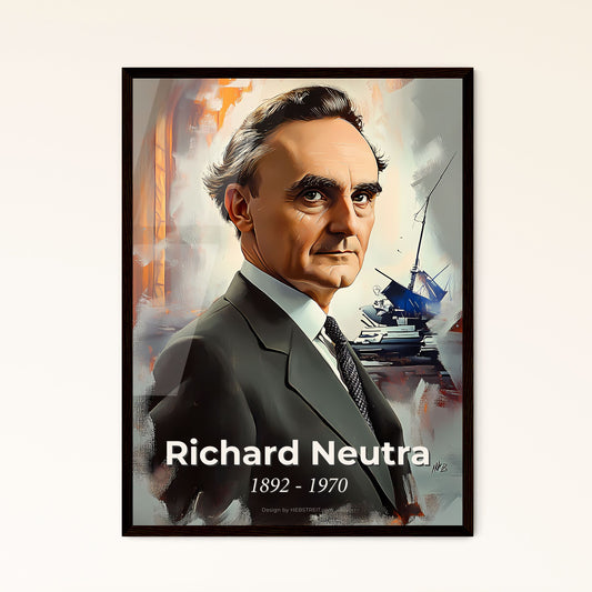 Portrait of Richard Neutra, 1892 - 1970. Impressionistic painting of a man in a suit.