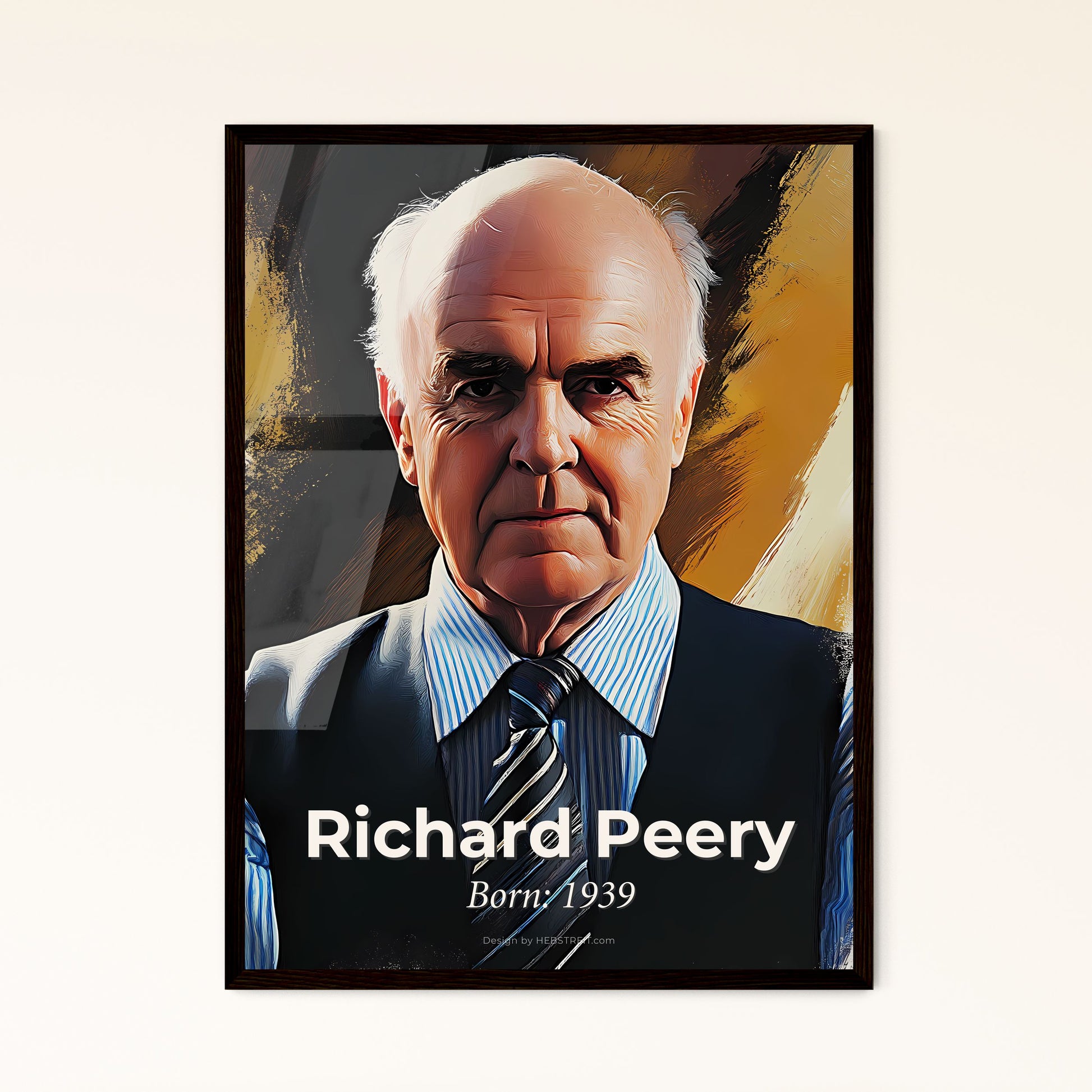 Portrait of Richard Peery, Born: 1939. Impressionistic painting of a man in a vest and tie.