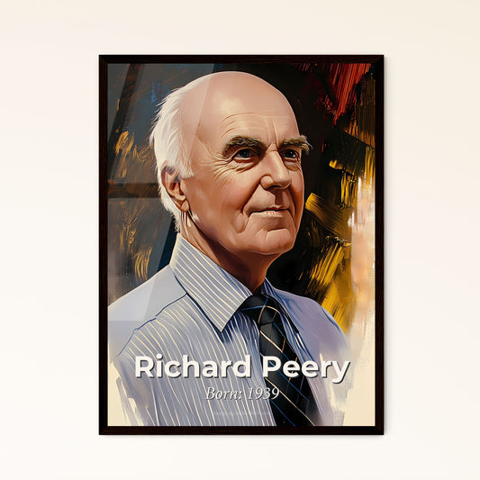 Portrait of Richard Peery, Born: 1939. Impressionistic painting of a man in a striped shirt and tie.