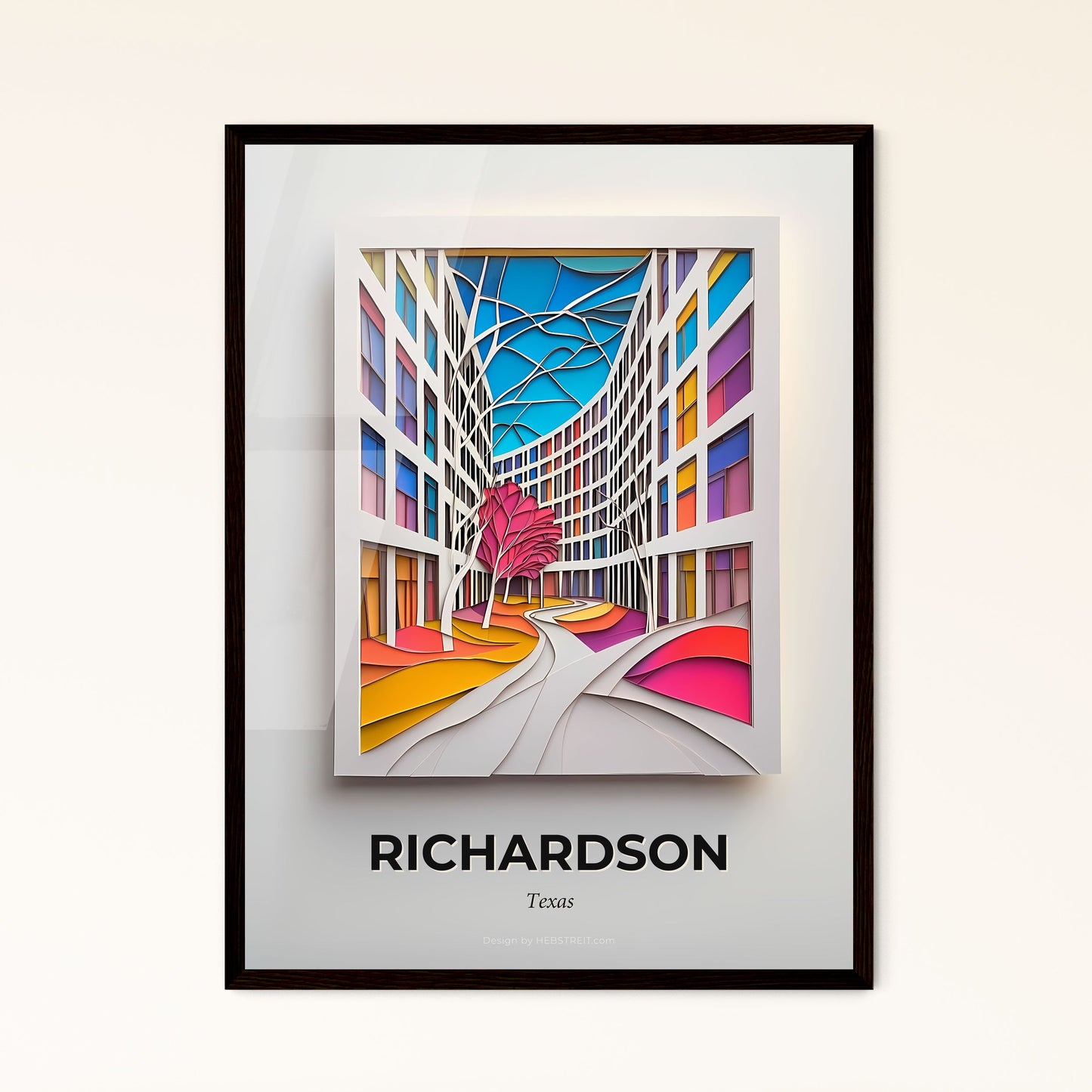 Vivid Richardson, Texas - a painting of a colorful city with a tree