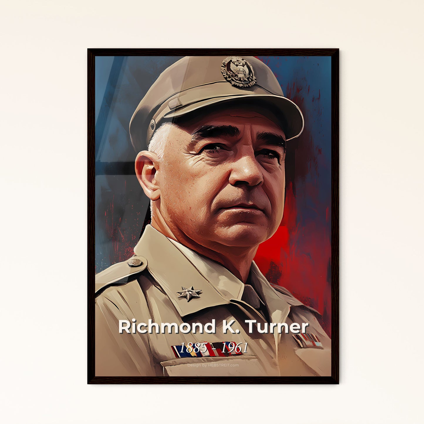 Portrait of Richmond K. Turner, 1885 - 1961. Impressionistic painting of a man in a military uniform.