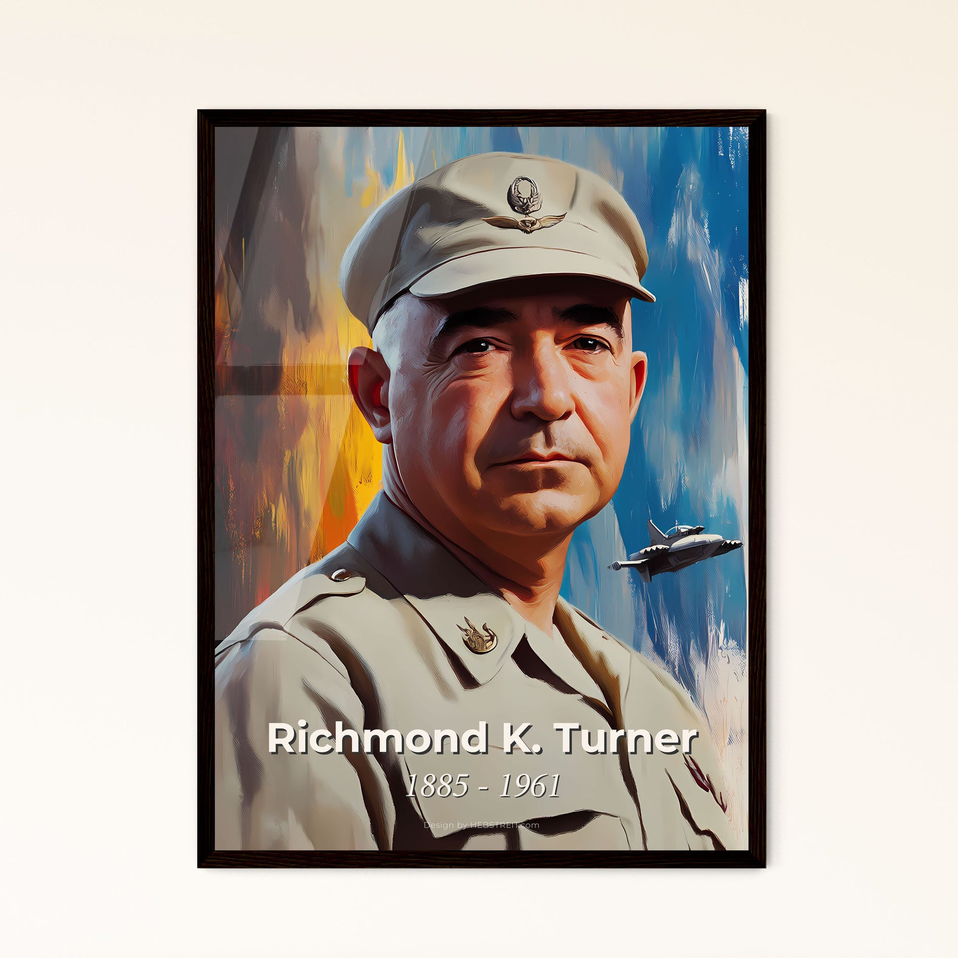 Portrait of Richmond K. Turner, 1885 - 1961. Impressionistic painting of a man in a military uniform.