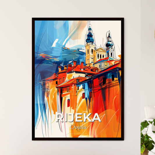 Vibrant Rijeka, Croatia - A Painting Of A Building With Towers And A Blue And Orange Background