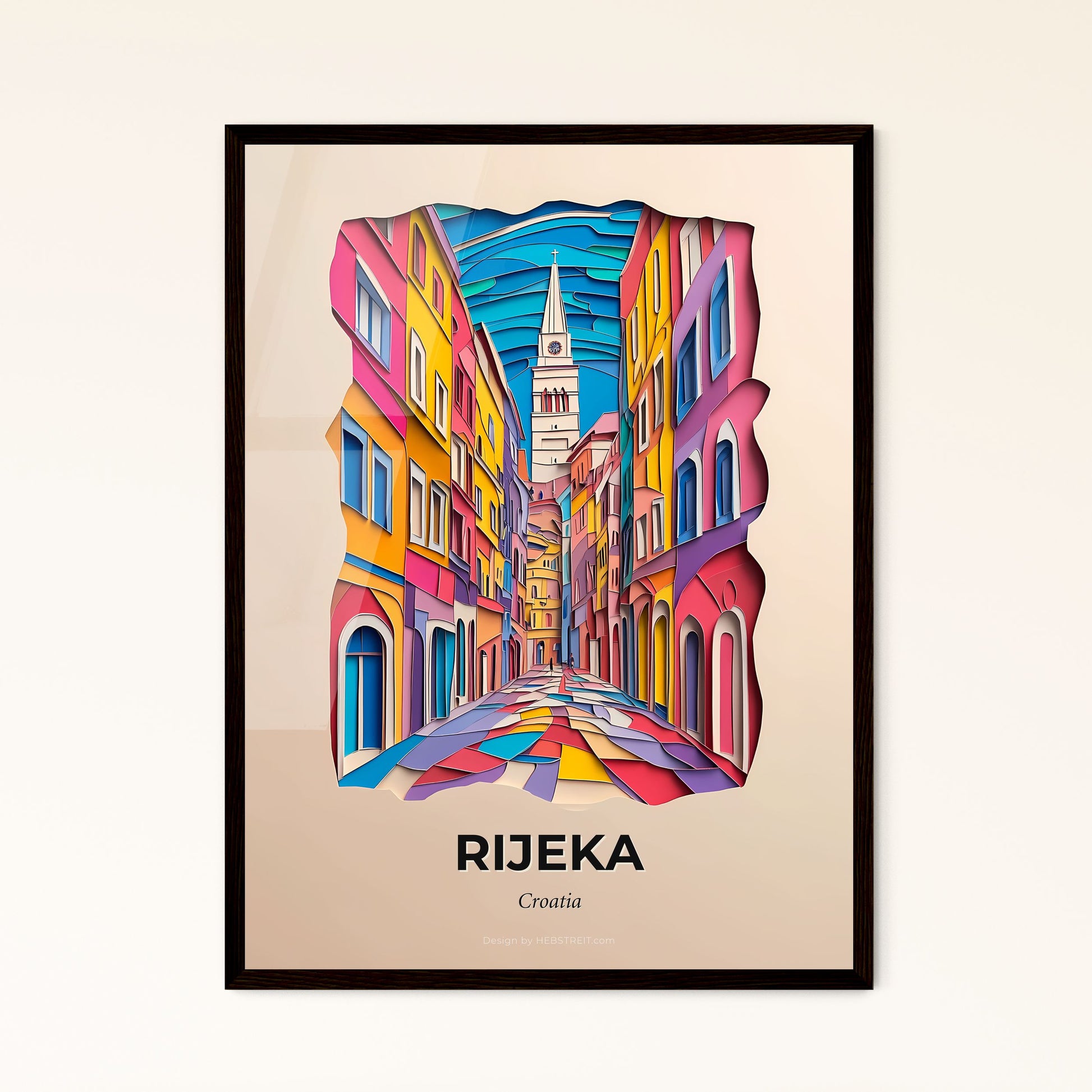 Vivid Rijeka , Croatia - a colorful city street with a clock tower