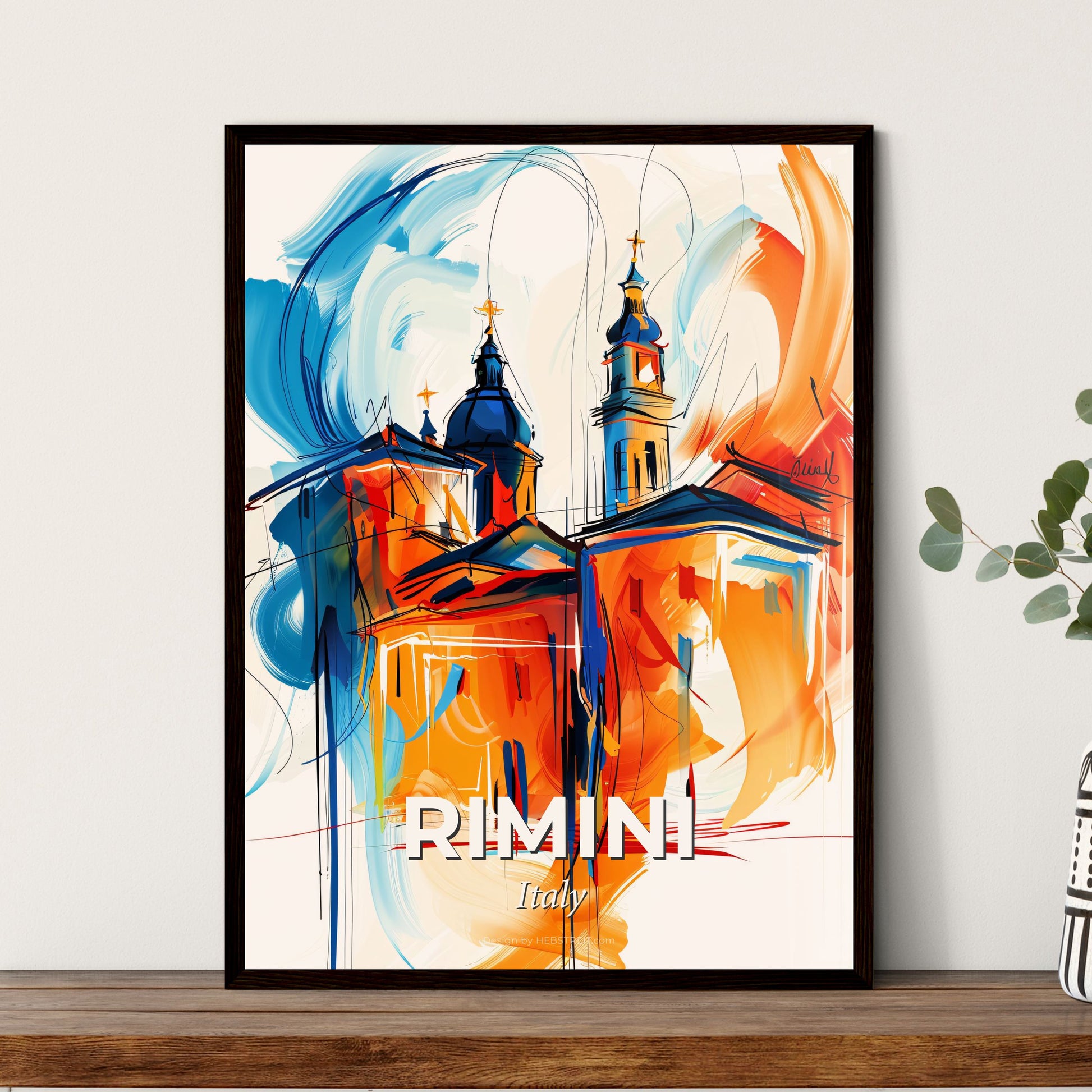 Vibrant Rimini, Italy - A Painting Of A Building With Towers And Crosses