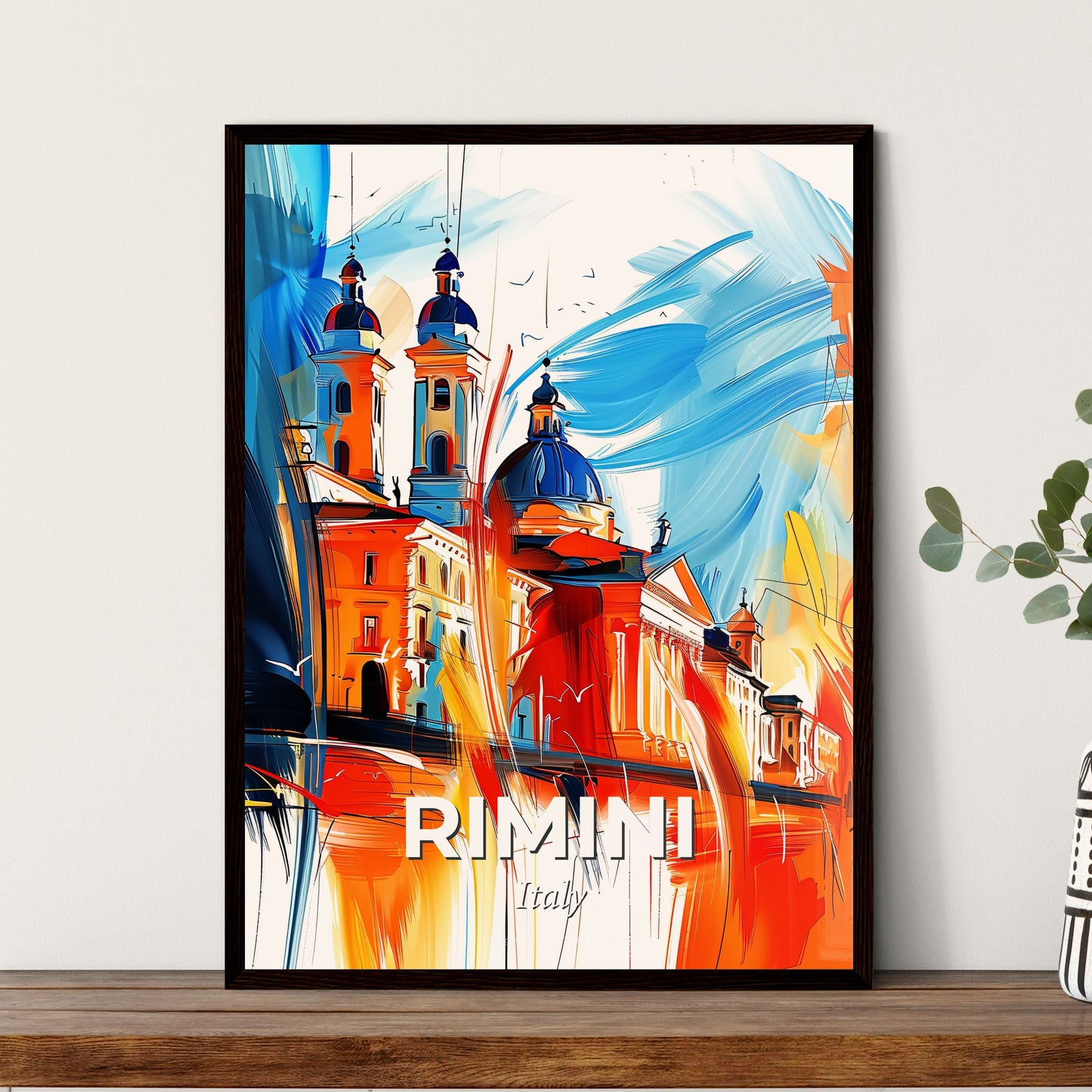 Vibrant Rimini, Italy - A Painting Of A Building With A Blue And Orange Roof