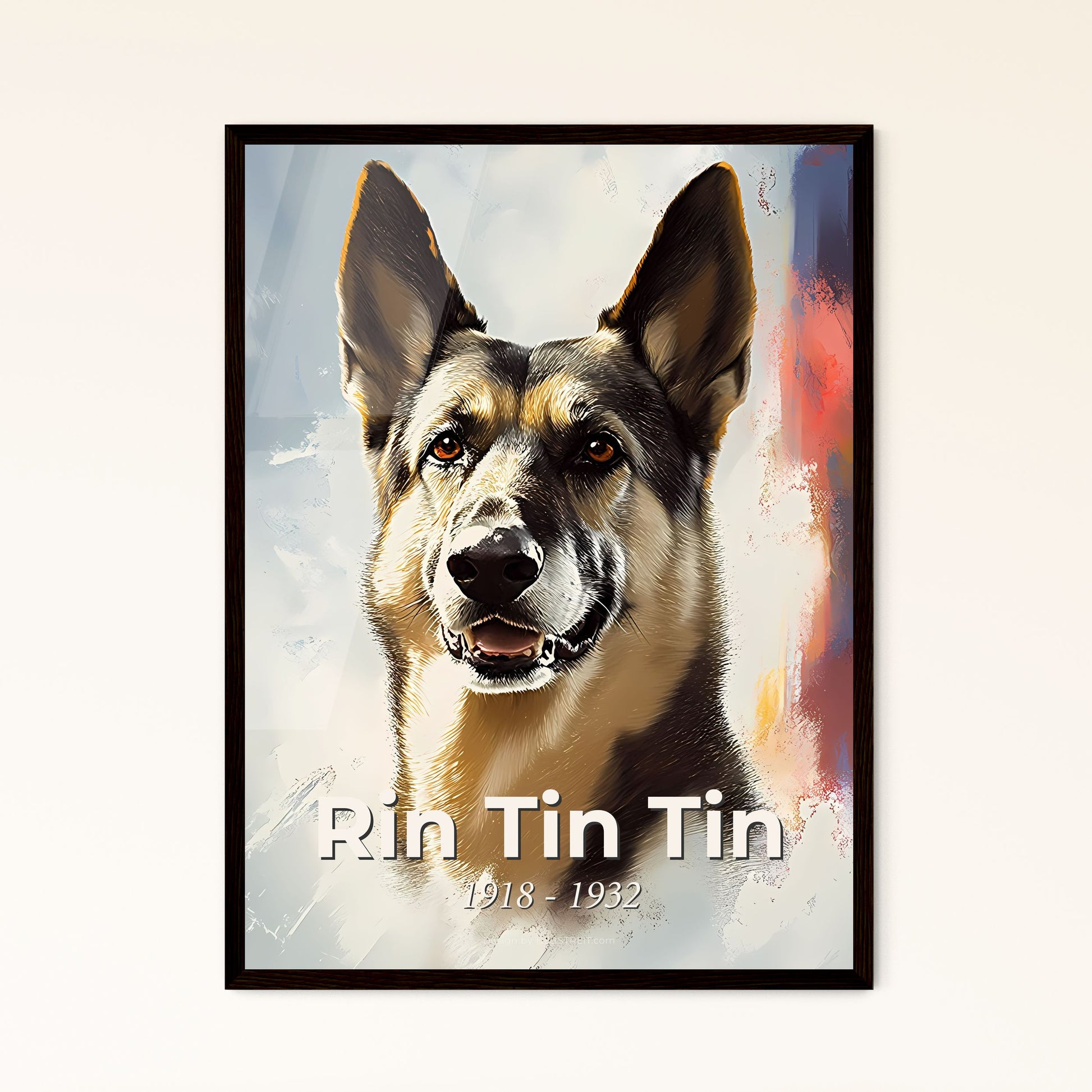 Portrait of Rin Tin Tin, 1918 - 1932. Impressionistic painting of a dog with pointy ears.