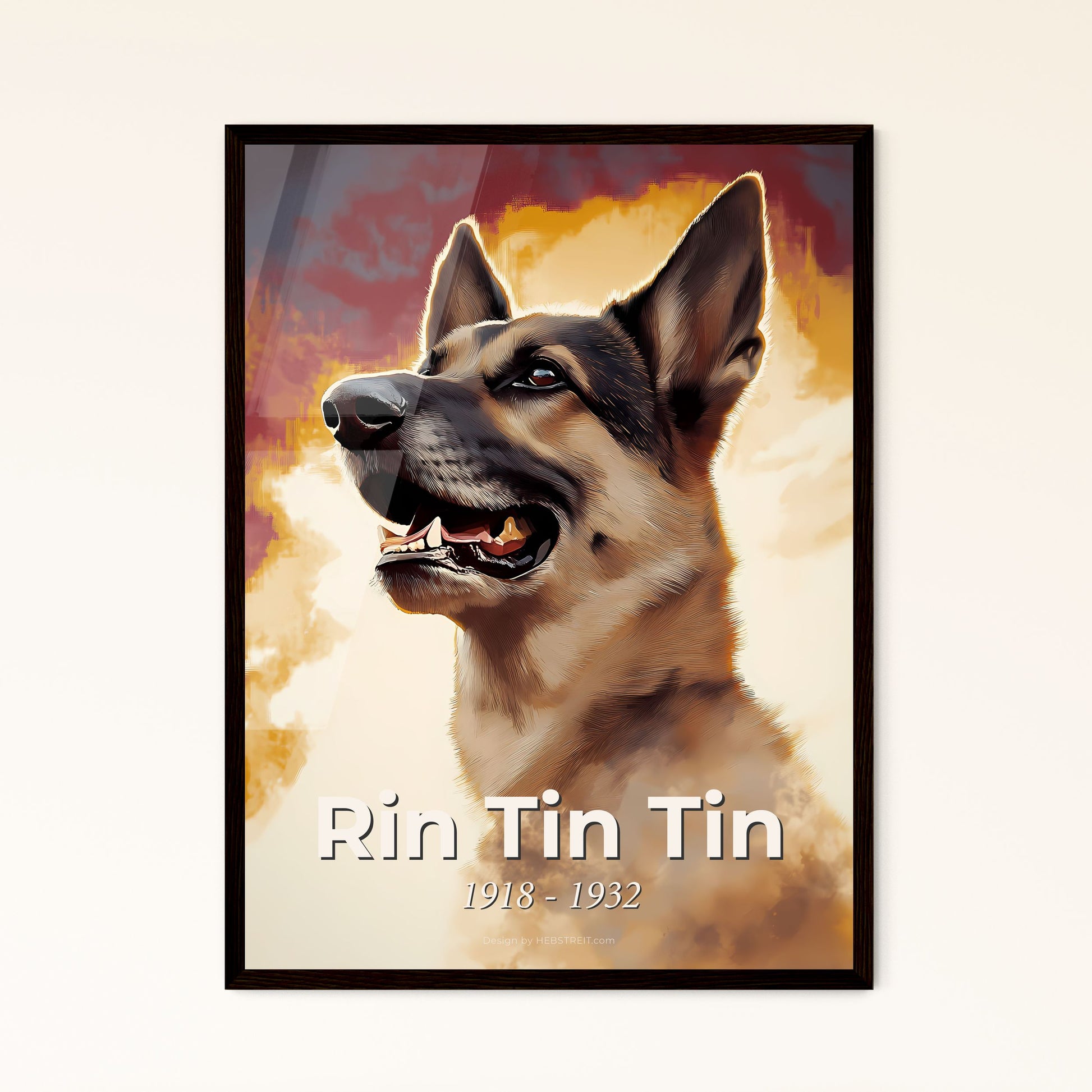 Portrait of Rin Tin Tin, 1918 - 1932. Impressionistic painting of a dog with a smokey background.