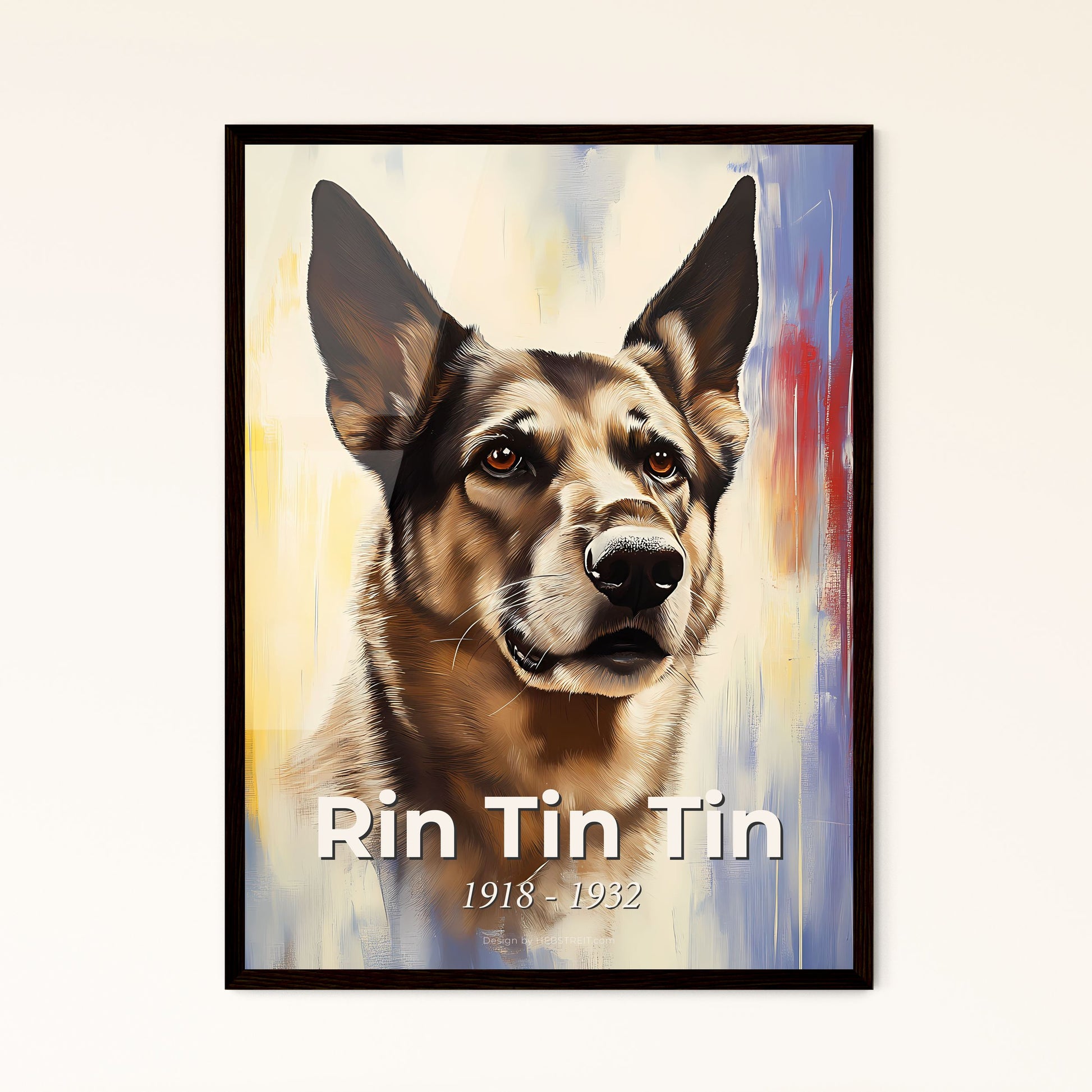 Portrait of Rin Tin Tin, 1918 - 1932. Impressionistic painting of a dog with pointy ears.