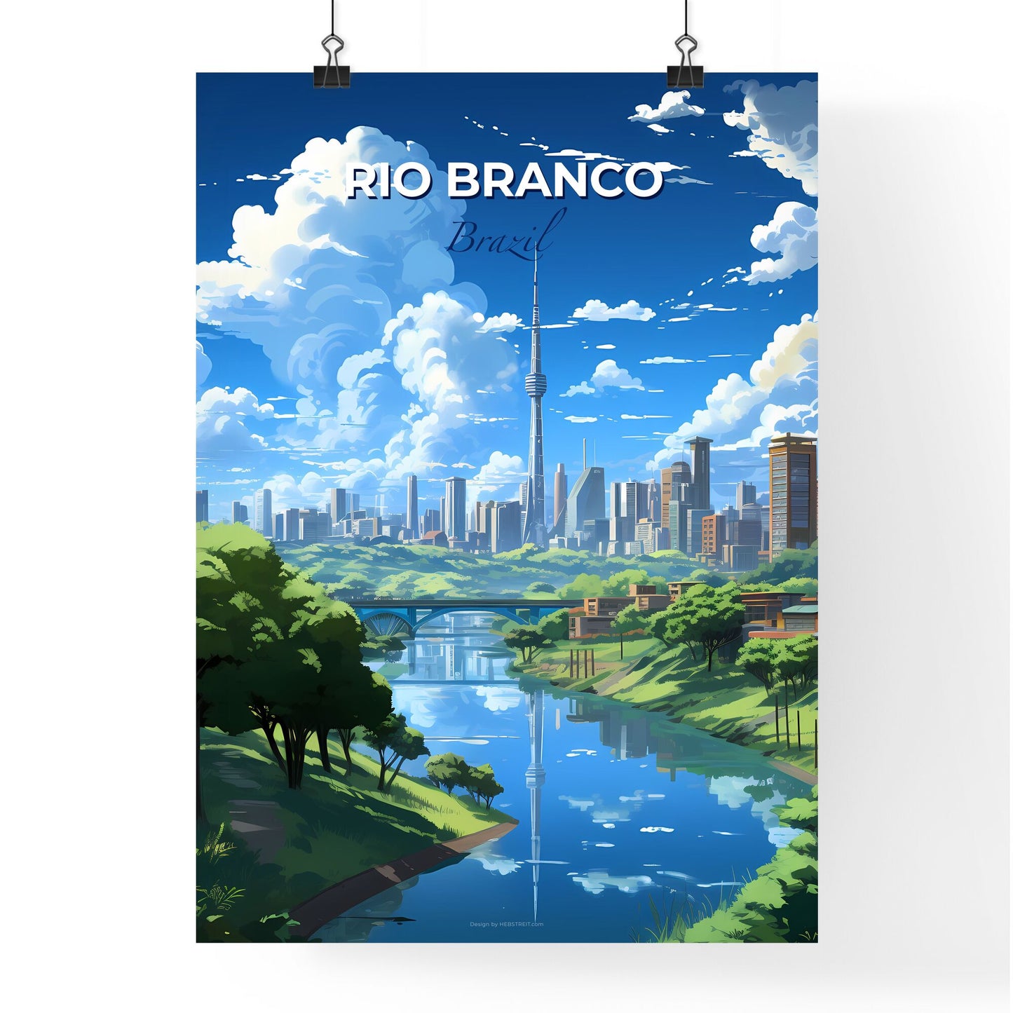 Vibrant Artistic Painting Depicts Rio Branco Brazil Skyline: River, Trees, and City Buildings Default Title