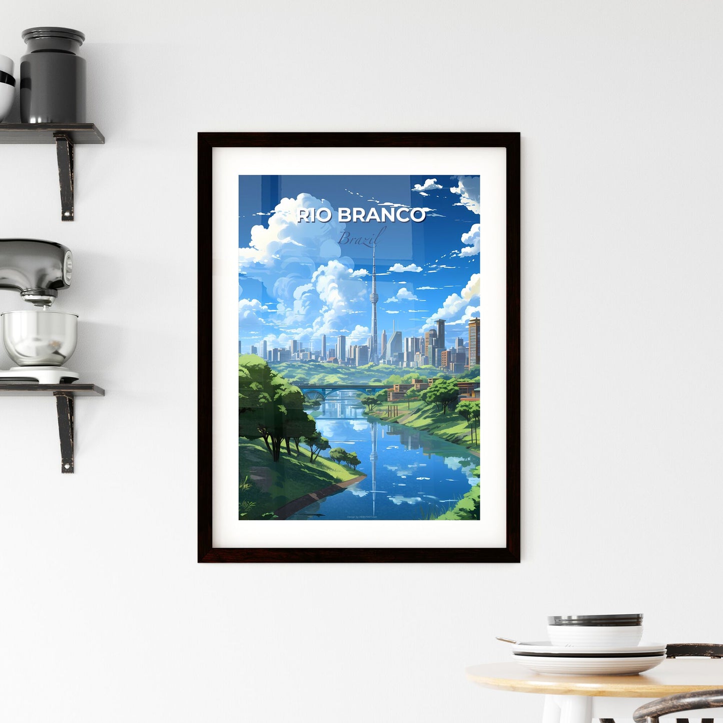 Vibrant Artistic Painting Depicts Rio Branco Brazil Skyline: River, Trees, and City Buildings Default Title