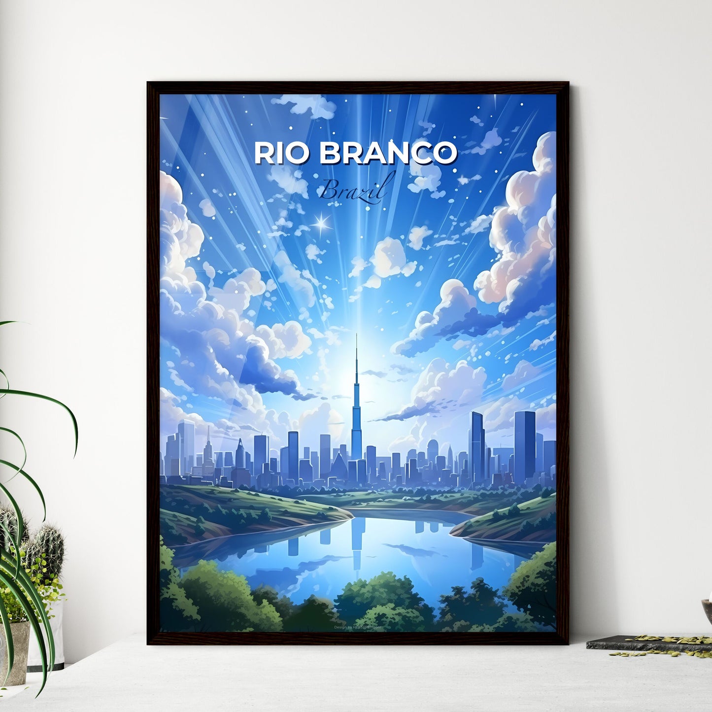 Vibrant Cityscape Painting: Artistic Rio Branco Brazil Skyline with Serene River and Clouds Default Title