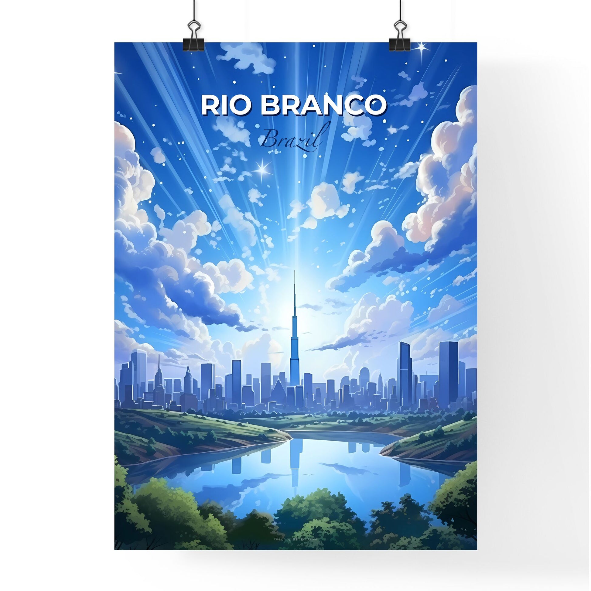 Vibrant Cityscape Painting: Artistic Rio Branco Brazil Skyline with Serene River and Clouds Default Title