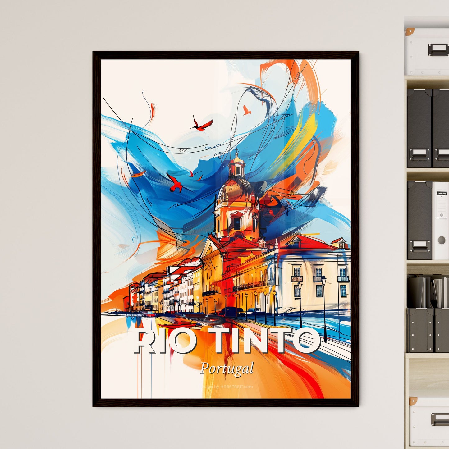 Vibrant Rio Tinto, Portugal - A Painting Of A Building With A Dome And A Blue And Orange Background