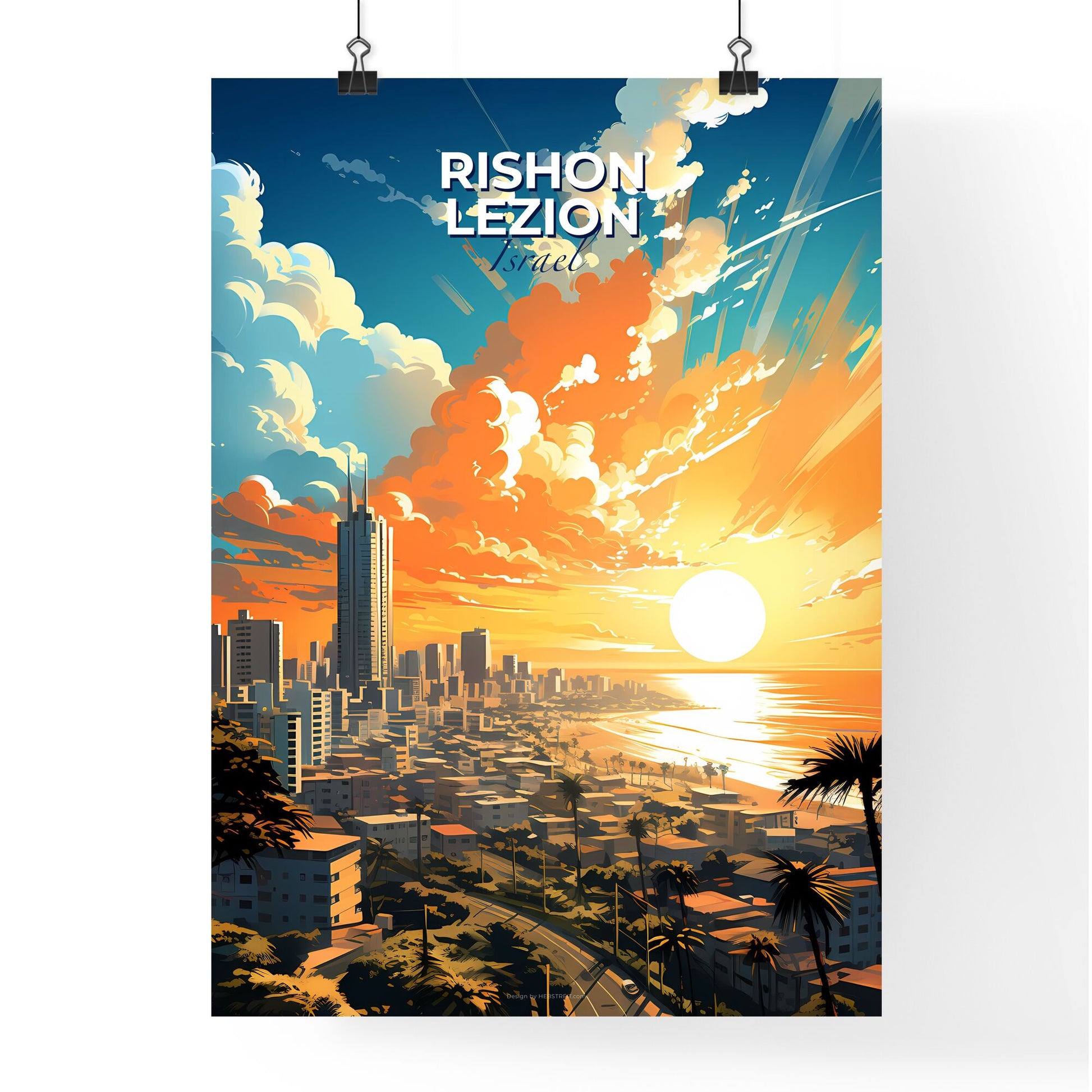 Vibrant Cityscape Painting: Rishon LeZion Israel Skyline with Palm Trees and Beach Art Default Title