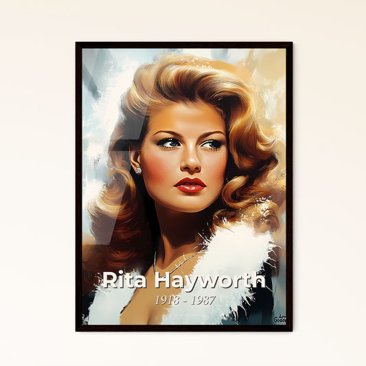 Portrait of Rita Hayworth, 1918 - 1987. Impressionistic painting of a woman with long hair and a white fur coat.