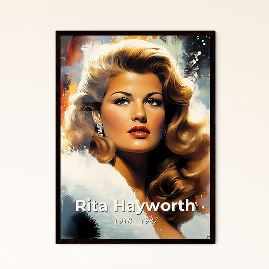 Portrait of Rita Hayworth, 1918 - 1987. Impressionistic painting of a woman with long hair and a white fur coat.