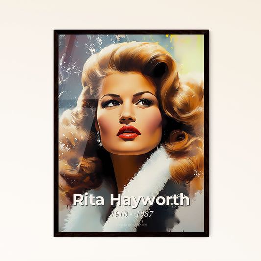 Portrait of Rita Hayworth, 1918 - 1987. Impressionistic painting of a woman with red lips and large hair.