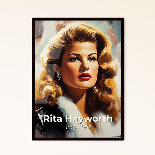 Portrait of Rita Hayworth, 1918 - 1987. Impressionistic painting of a woman with red lips and long curly hair.