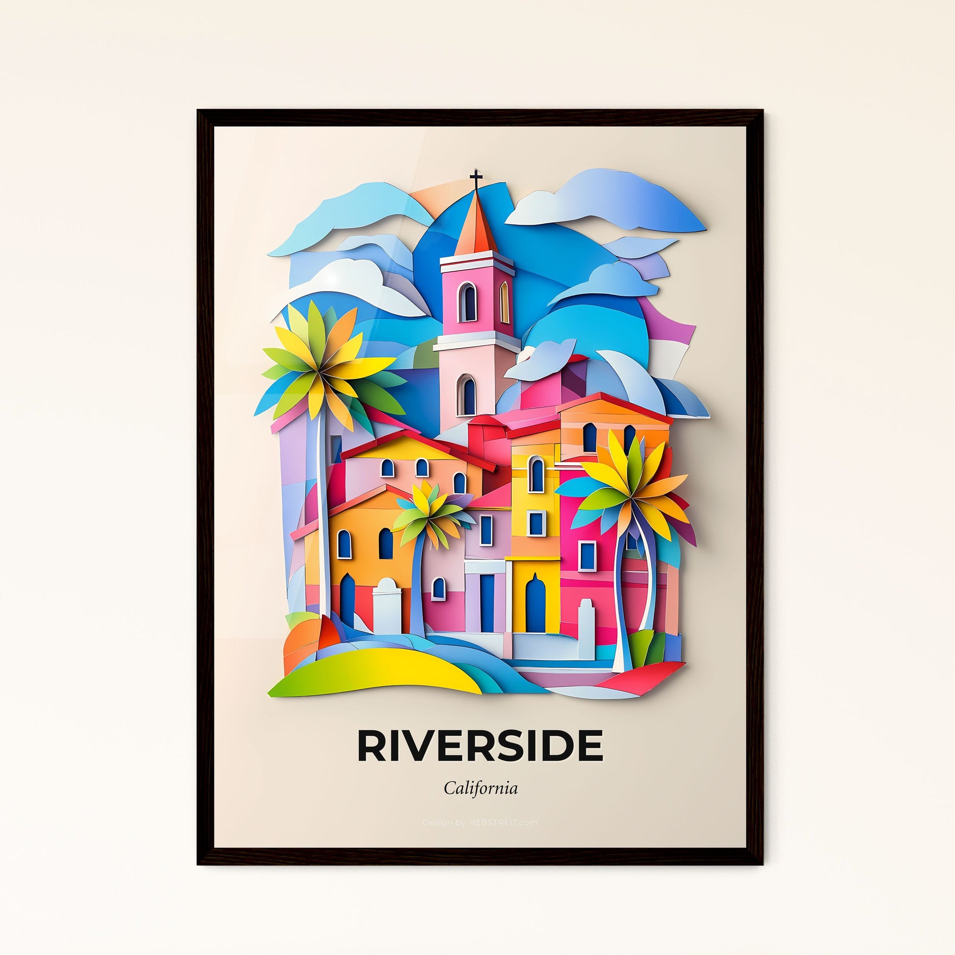 Vivid Riverside, California - a colorful paper cut of a church and palm trees