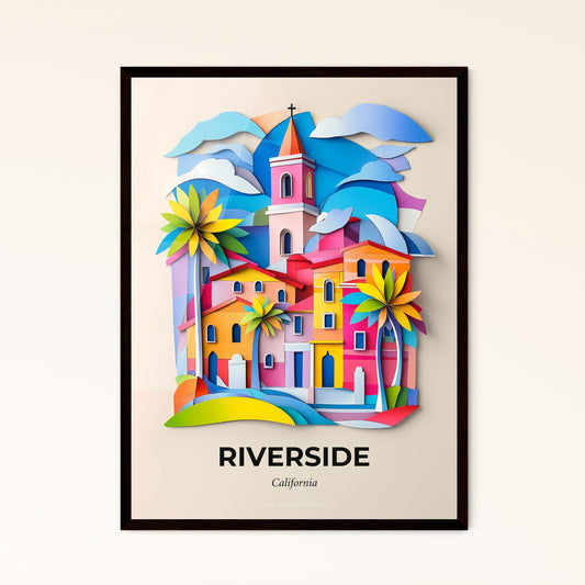 Vivid Riverside, California - a colorful paper cut of a church and palm trees