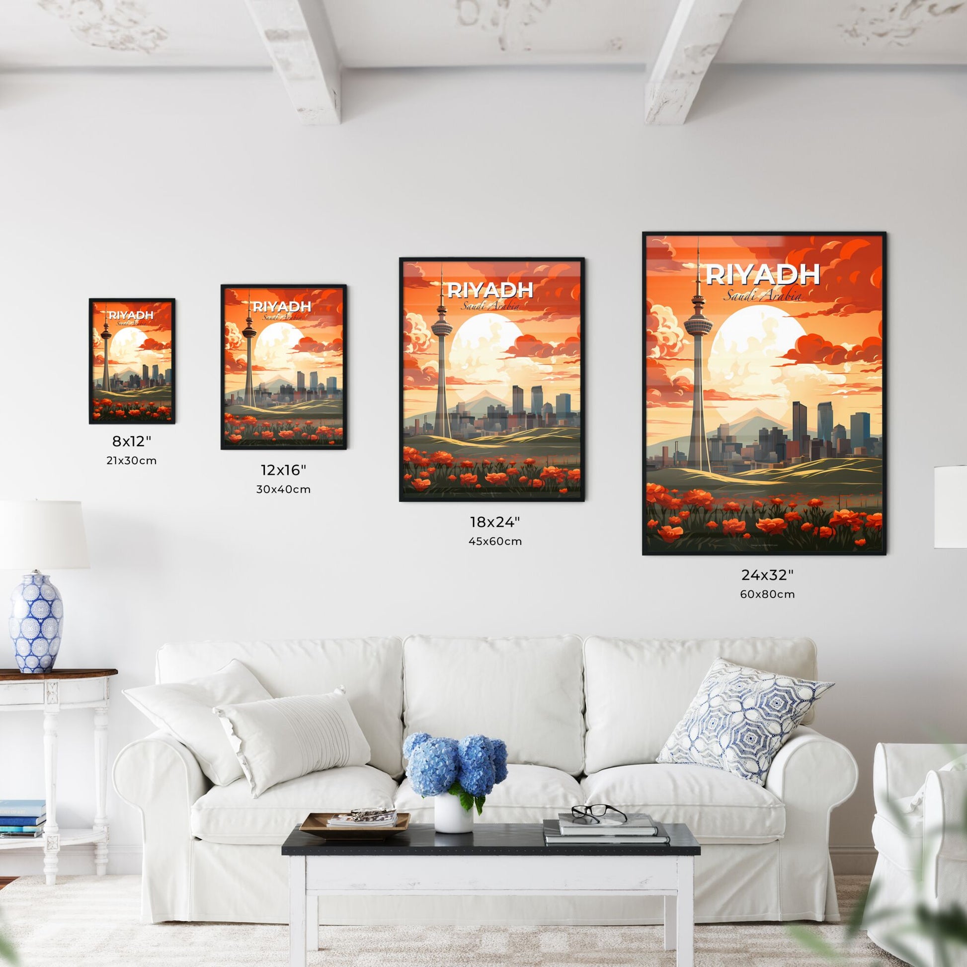 Vibrant City Skyline Painting with Tall Tower and Flowers Default Title