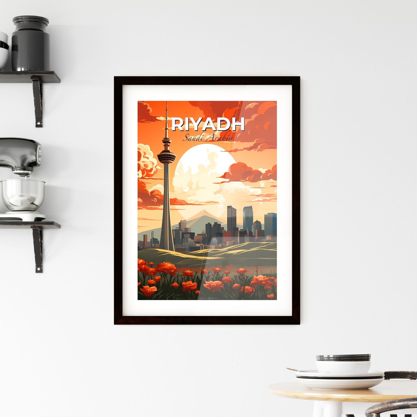 Vibrant City Skyline Painting with Tall Tower and Flowers Default Title