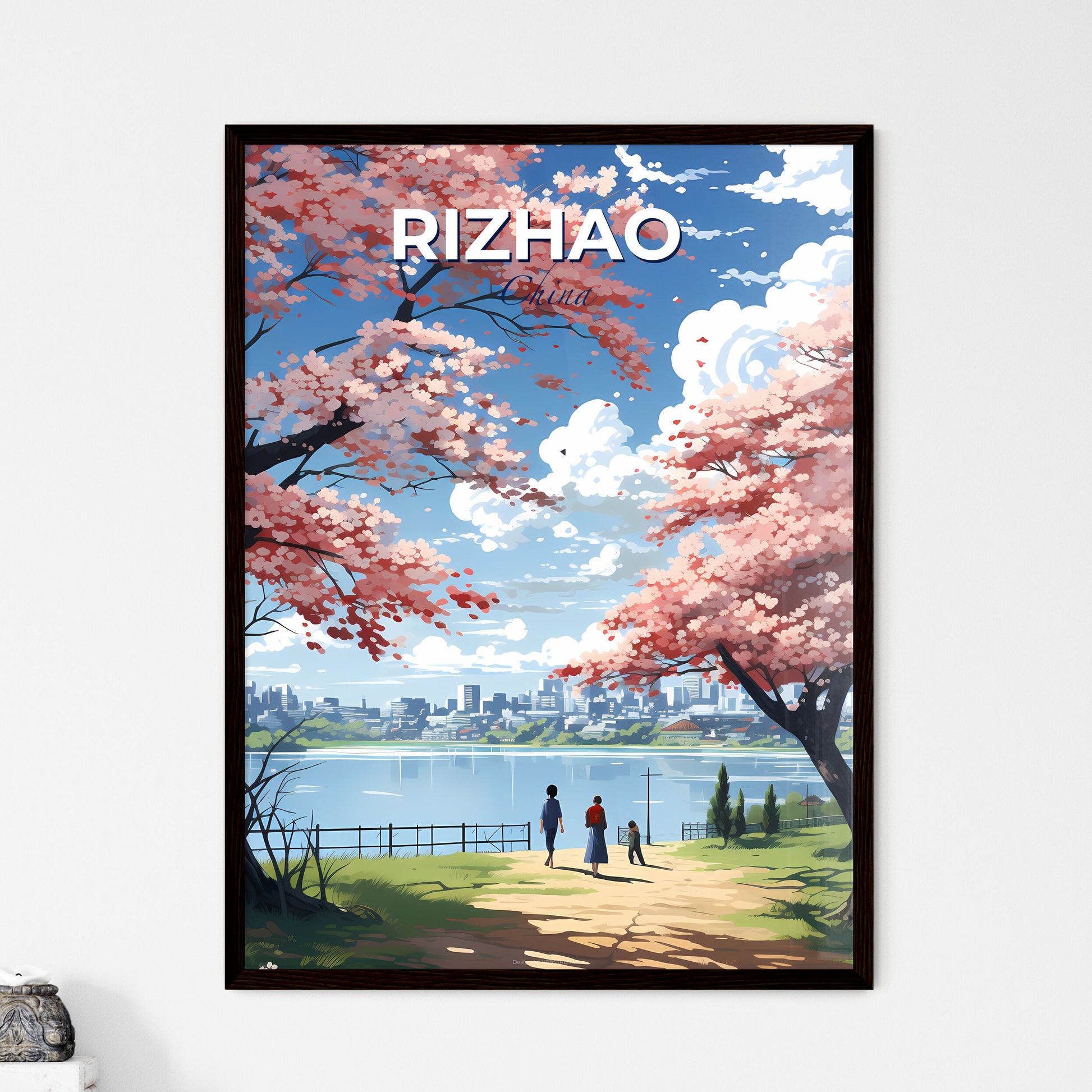 Artful Rizhao Cityscape: Pastel Promenade beneath Pink Blossoms with Urban Panorama Default Title