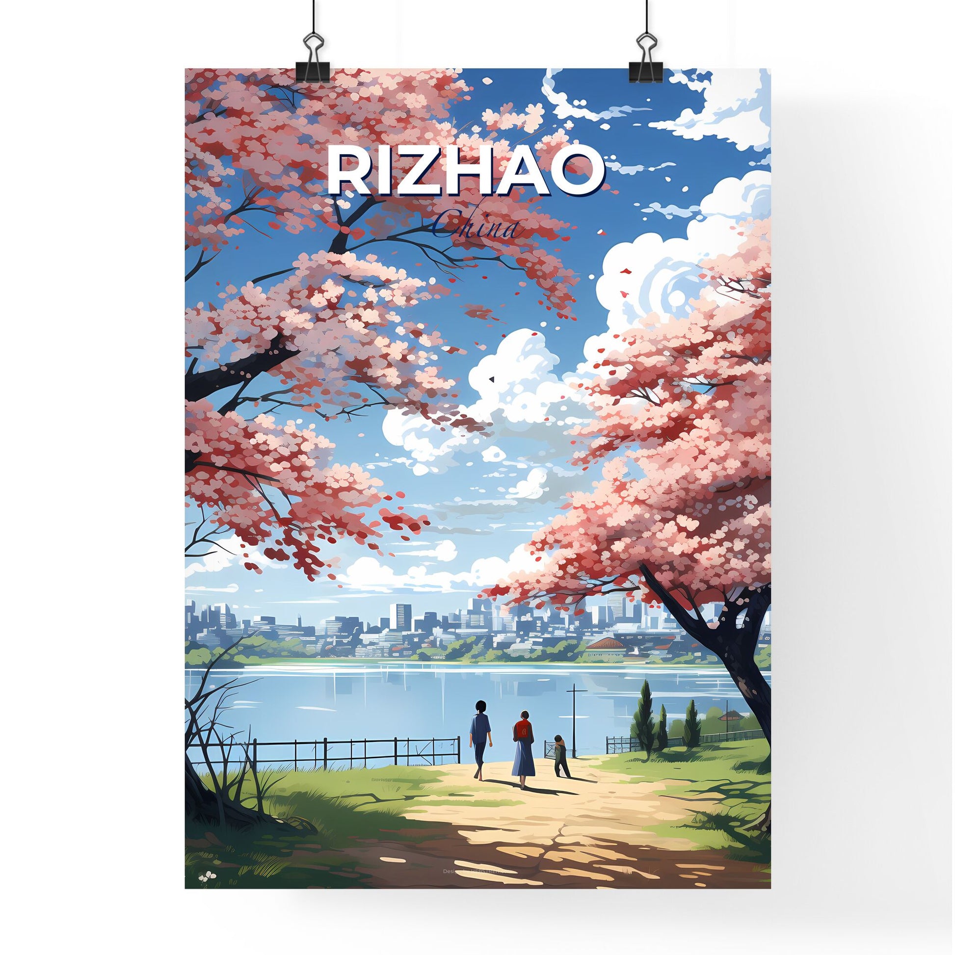 Artful Rizhao Cityscape: Pastel Promenade beneath Pink Blossoms with Urban Panorama Default Title