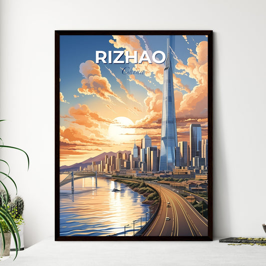 Vibrant Depiction of Rizhao Skyline: Artistic Cityscape with Bridge and Roadway Default Title