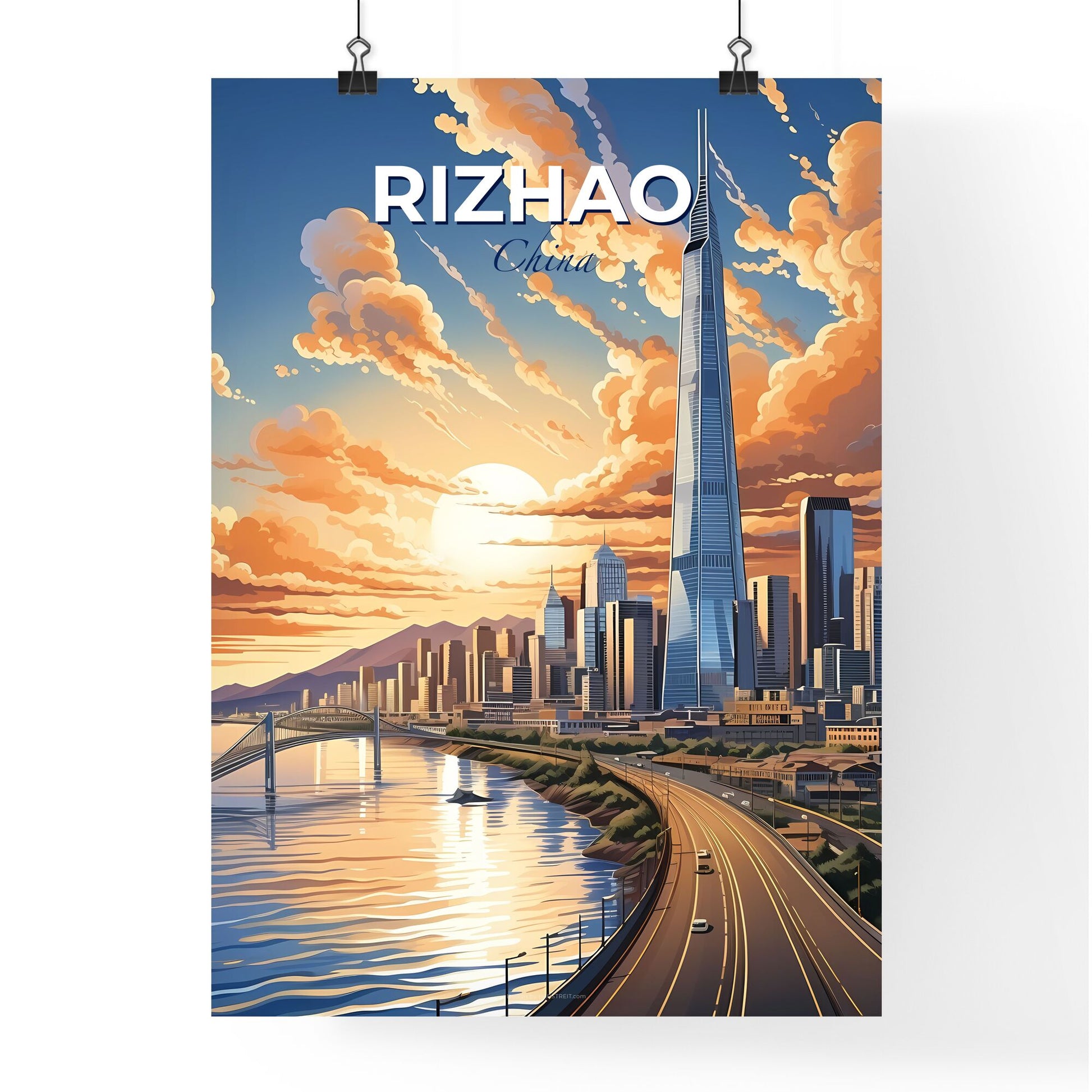 Vibrant Depiction of Rizhao Skyline: Artistic Cityscape with Bridge and Roadway Default Title