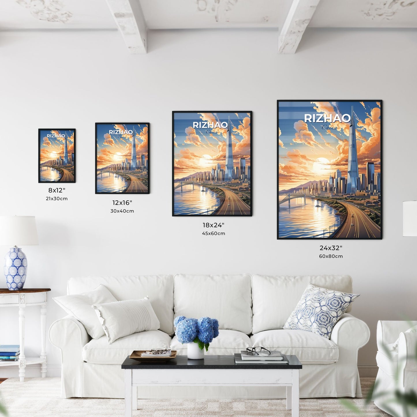 Vibrant Depiction of Rizhao Skyline: Artistic Cityscape with Bridge and Roadway Default Title