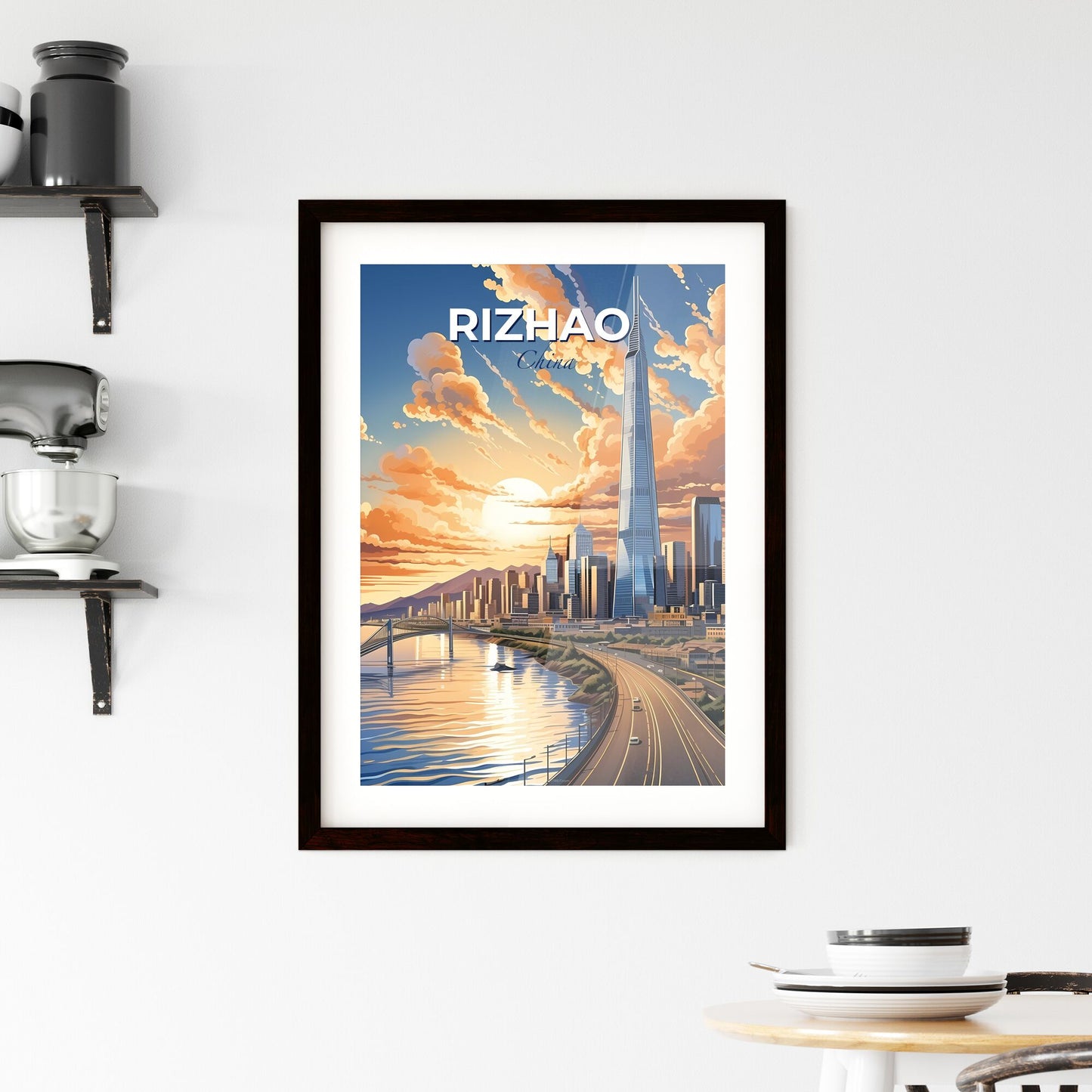 Vibrant Depiction of Rizhao Skyline: Artistic Cityscape with Bridge and Roadway Default Title