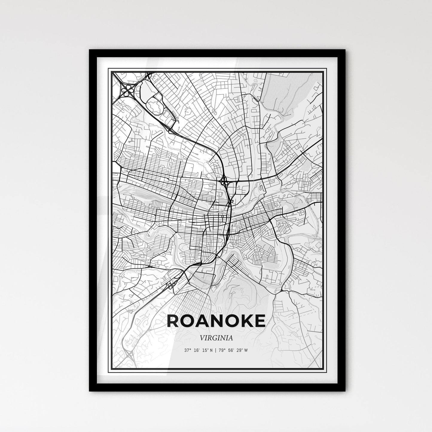 Roanoke Virginia - Scandinavian Style City Map for Modern Home Decor