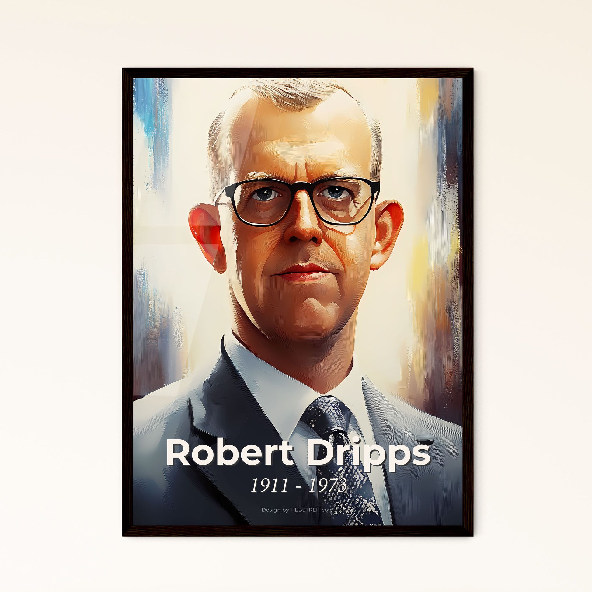 Portrait of Robert Dripps, 1911 - 1973. Impressionistic painting of a man in a suit and tie.