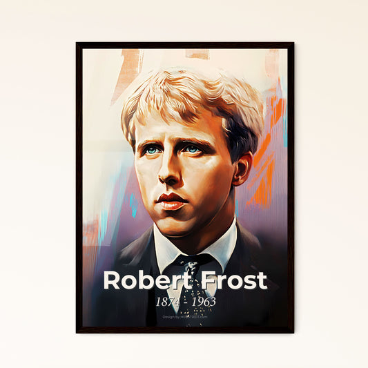 Portrait of Robert Frost, 1874 - 1963. Impressionistic painting of a man in a suit.